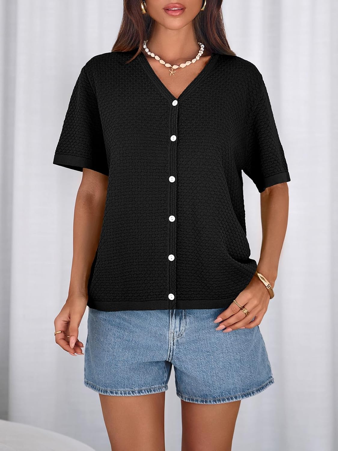 Thumbnail 5 de NALANISA V-Neck Striped Crochet Knit Top