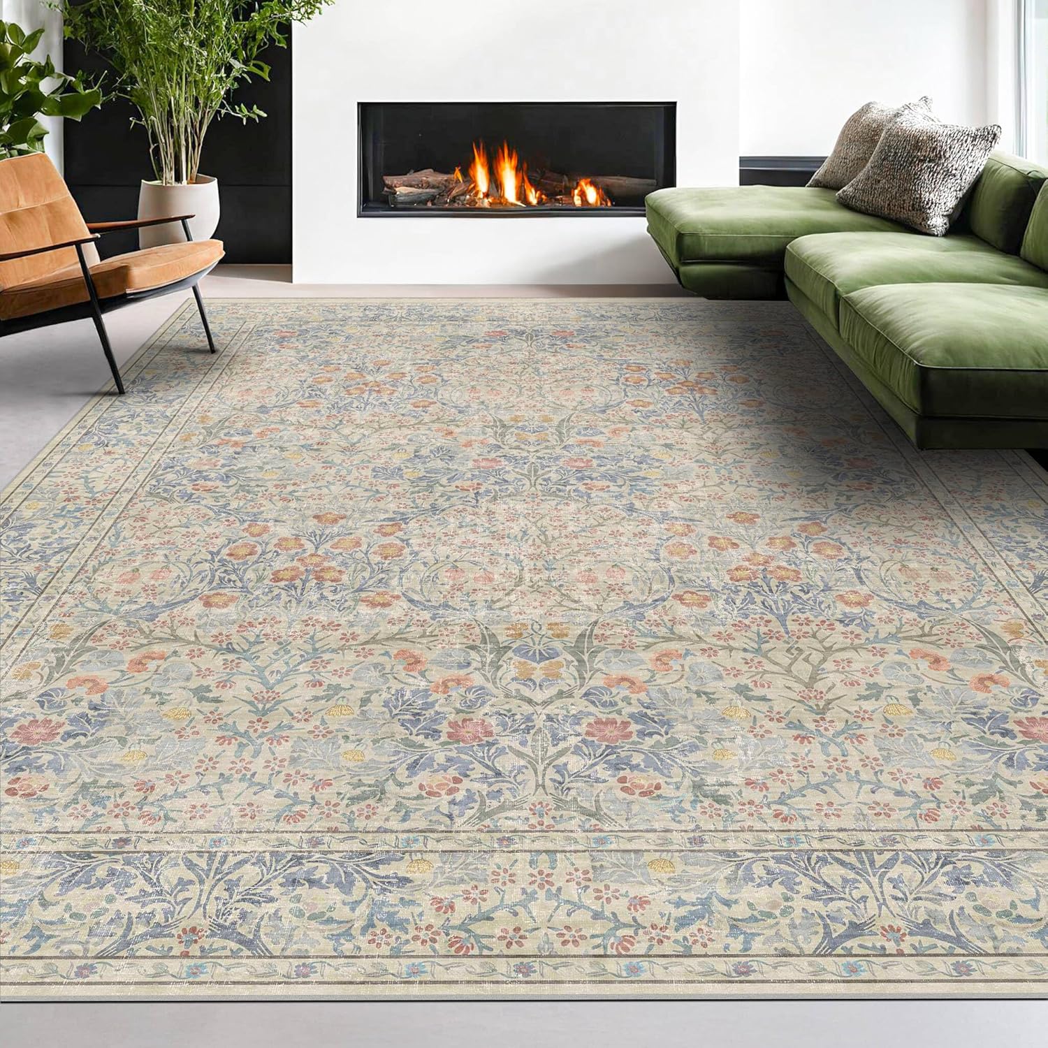 Thumbnail 3 de Washable Light Blue Bedroom Rug, 9x12 – Vintage Floral Design with Non-Slip Backing
