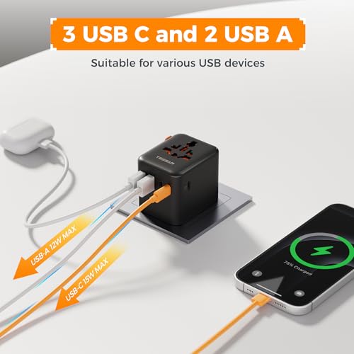 Detalle de TESSAN Universal Travel Adapter: 6-in-1 with 2 USB A and 3 USB C (Worldwide)