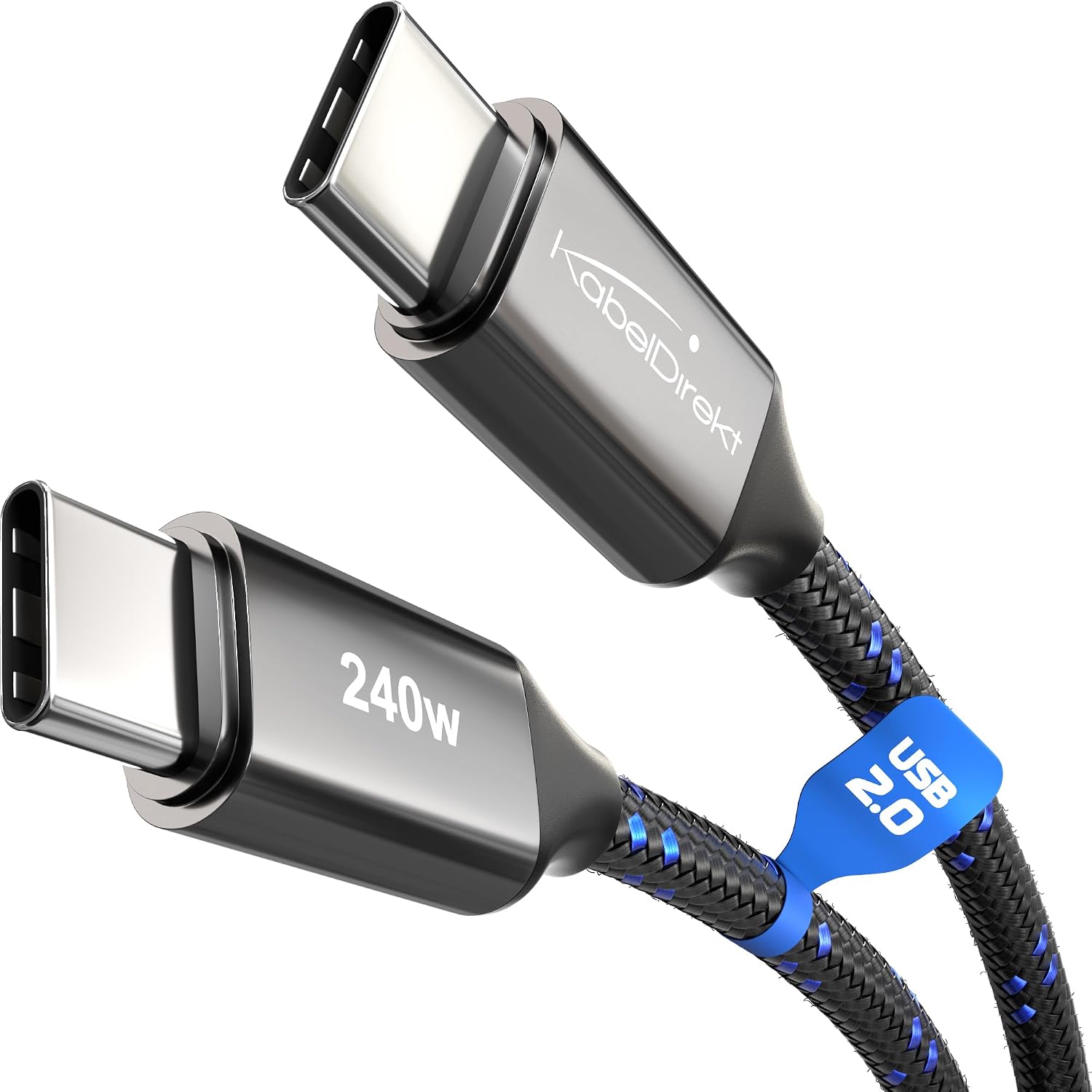 Detalle de KabelDirekt USB-C-Kabel zum Schnellladen – USB 2.0, Metallstecker, Nylon-Braiding, 2× 1 m