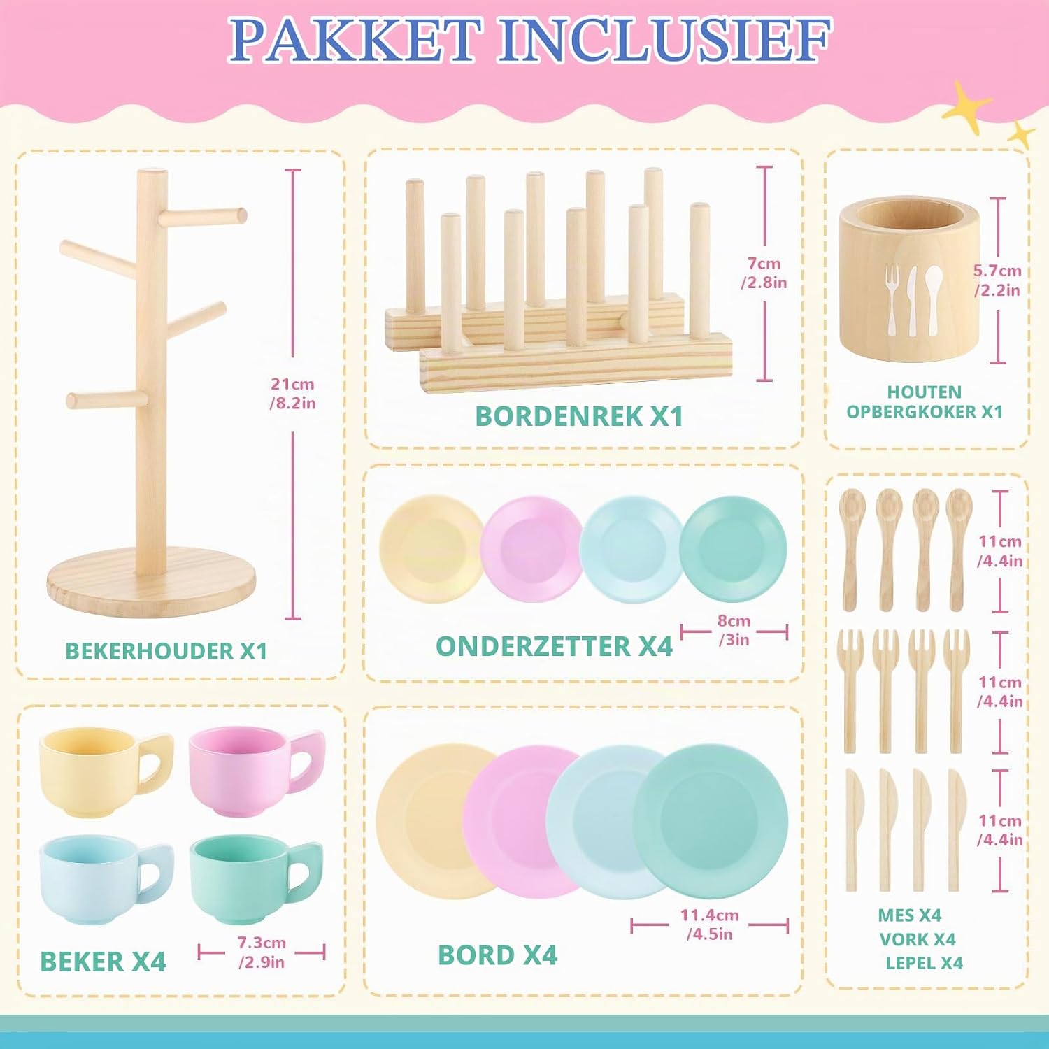 Detalle de GAGAKU YR-0211 houten theeservies voor kinderen, 27-delig met opbergstandaard