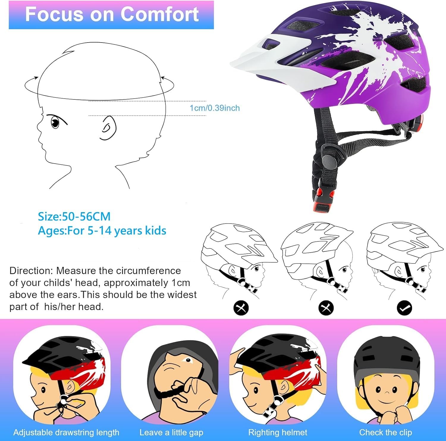 Detalle de RaMokey Casque de vélo léger pour enfants – réglable 48-56 cm, feu arrière et visière amovible
