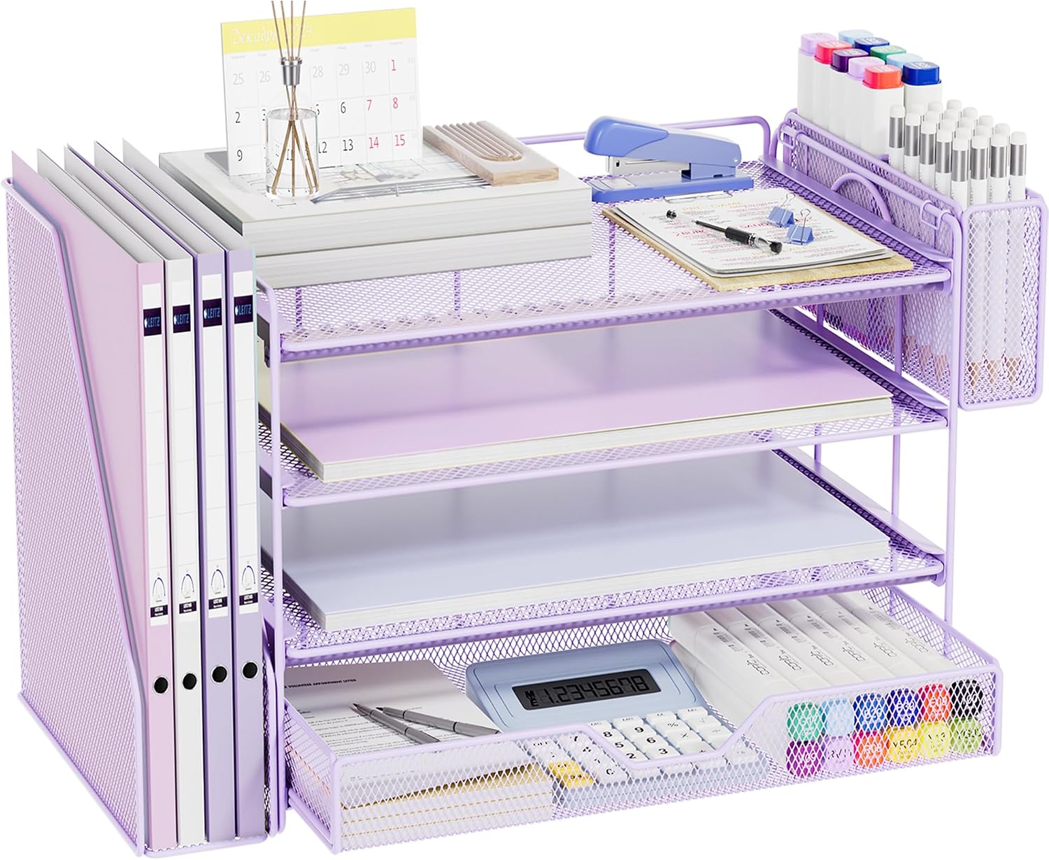 Detalle de Gugsey Desk File Organizer: Purple Metal Organizer with Drawer and Pen Holder