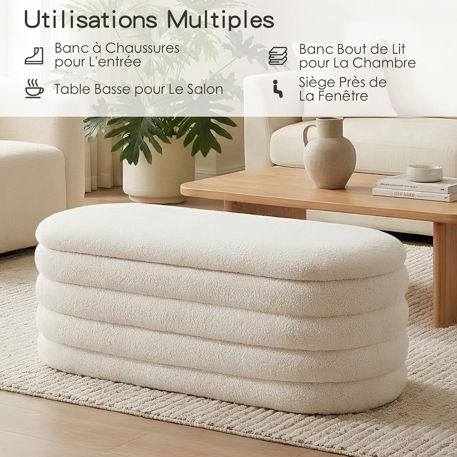 Thumbnail 5 de Ckaff Panca Contenitore per Camera da Letto – Panca Fondo Letto, imbottita in Sherpa, bianco, 115 x 45 x 46 cm