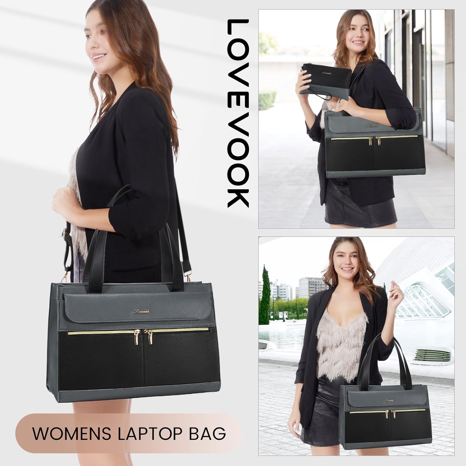 Thumbnail 1 de LOVEVOOK Sac Cabas Femme: Grand Sac à Main PU Imperméable pour Laptop 15,6" (Gris)