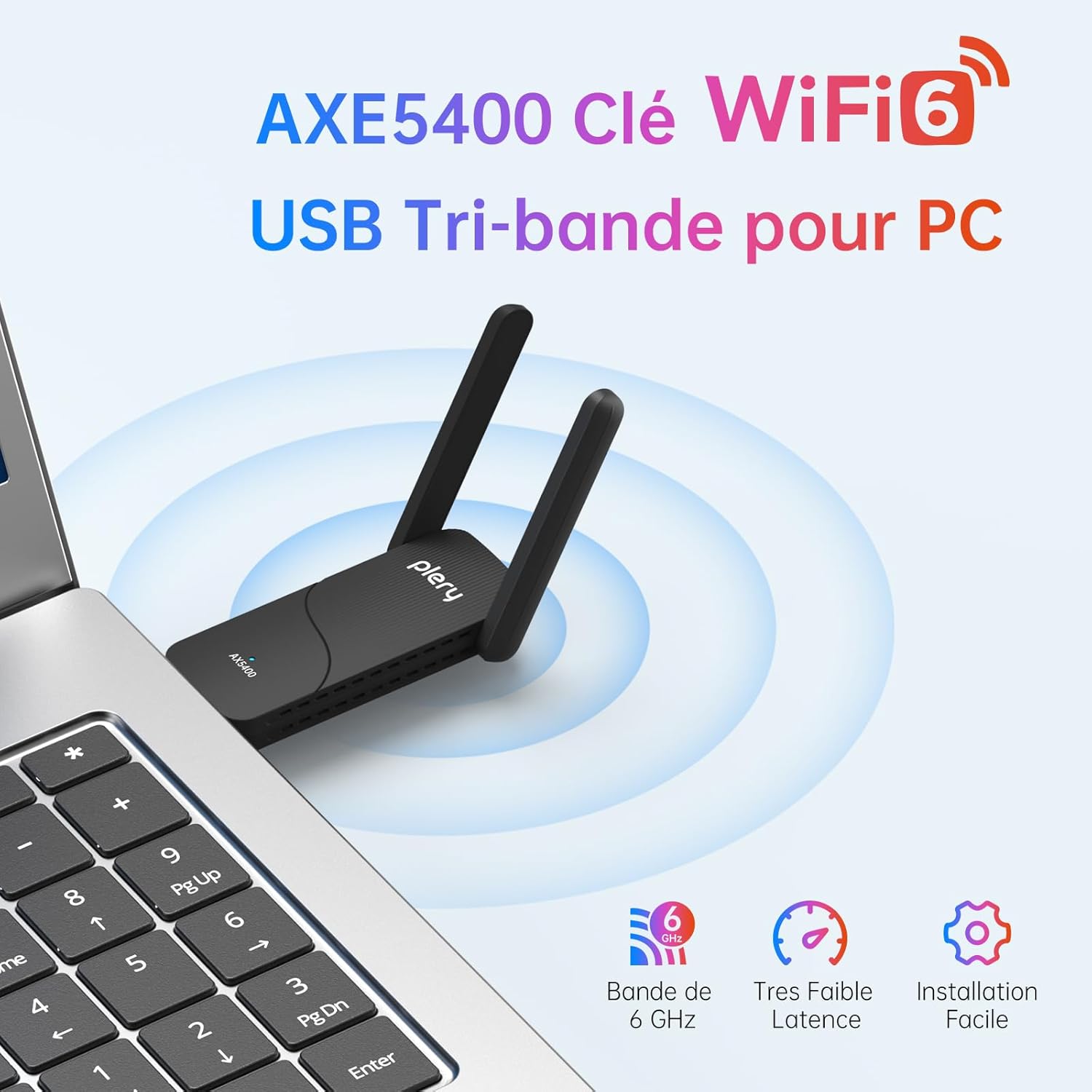 Detalle 2 de PLERY 5400Mbps Clé WiFi 6 Puissante – Clé USB Tri-Bande 6GHz/5GHz/2,4GHz pour PC