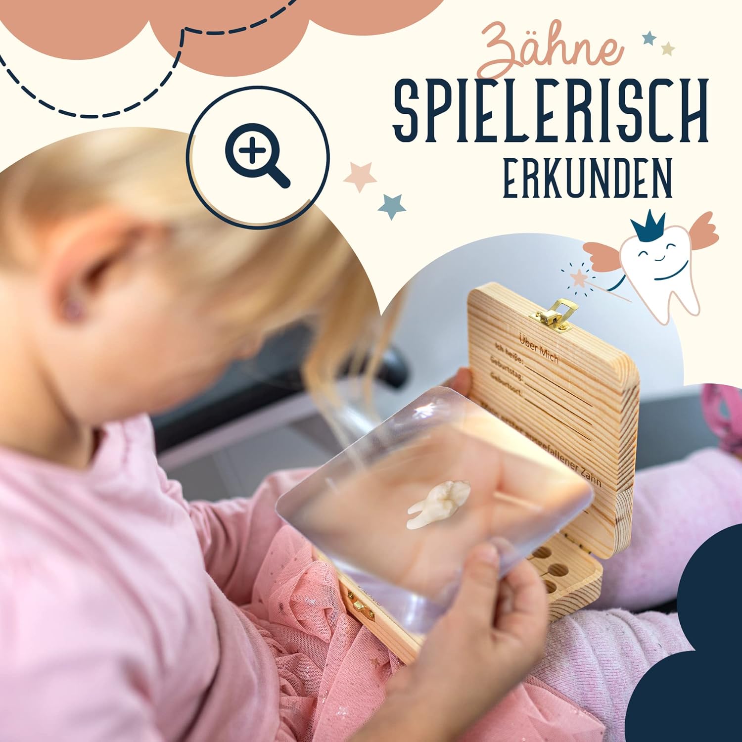 Thumbnail 5 de Madlino Zahndose „Milchzähne“ für Mädchen & Jungen inkl. Zahnfee-Brief & Lupe – personalisiert aus Holz