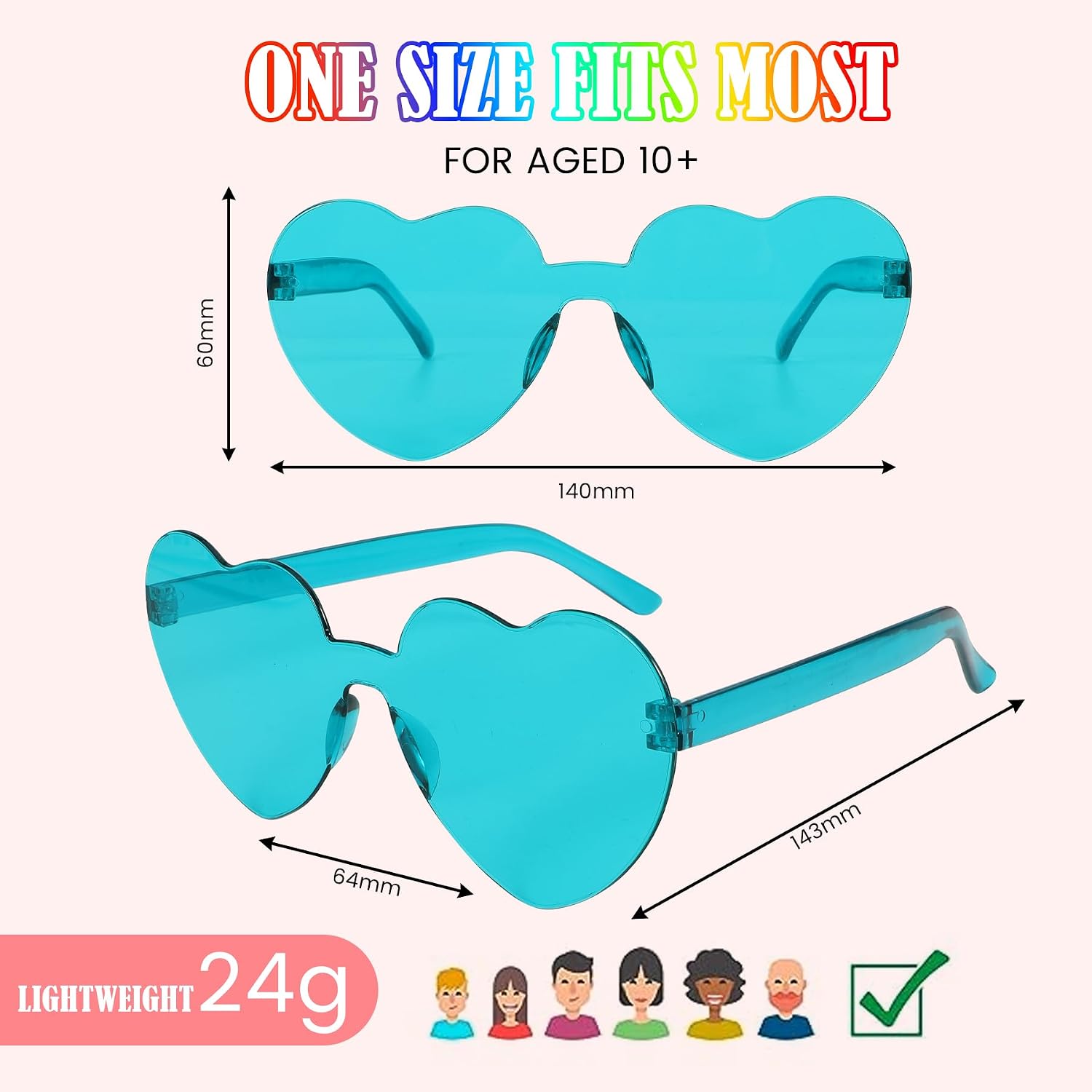 Detalle de Amicably Heart Shaped Sunglasses 16 Pcs – Colourful Frameless Heart Shades Pack