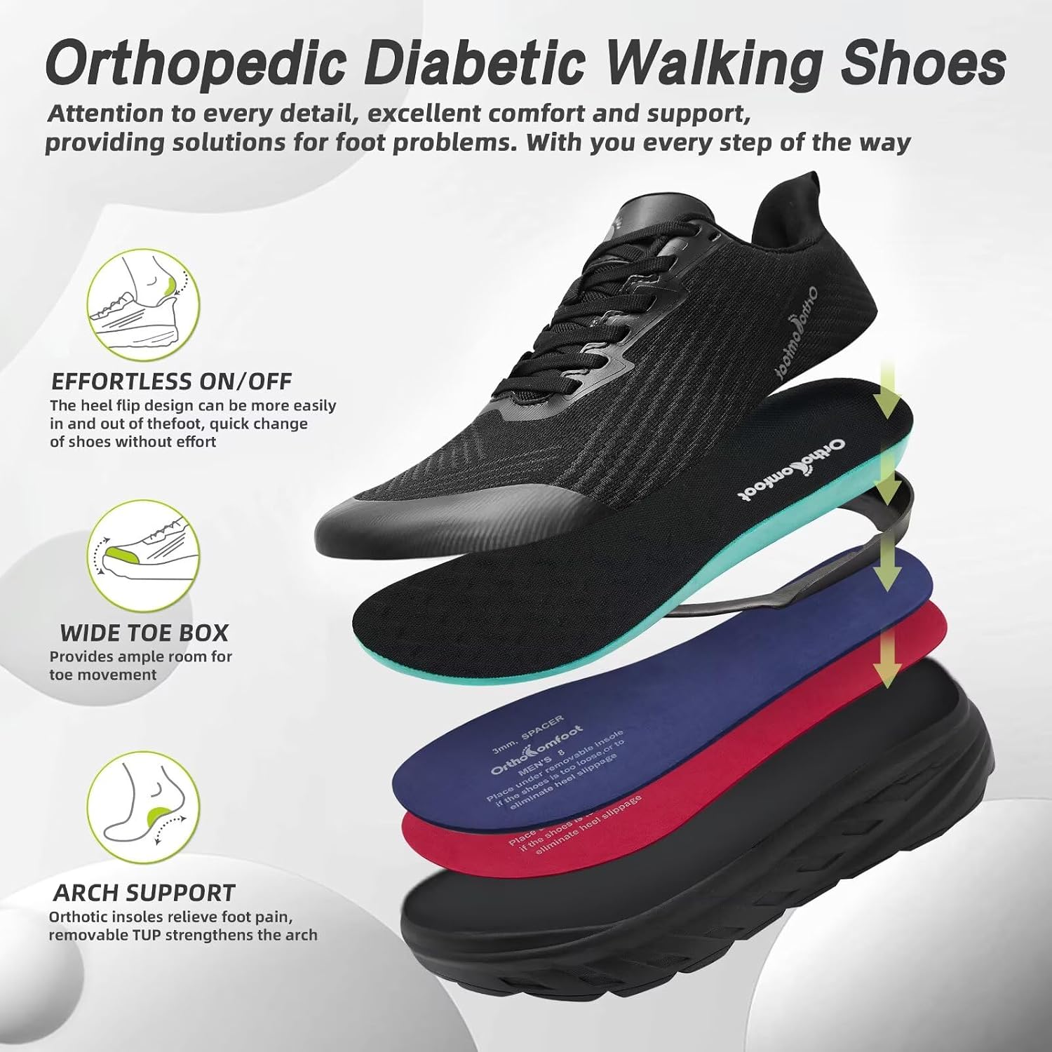 Detalle de OrthoComfoot Women's Wide Orthopedic Sneakers with Knit Upper and Arch Support