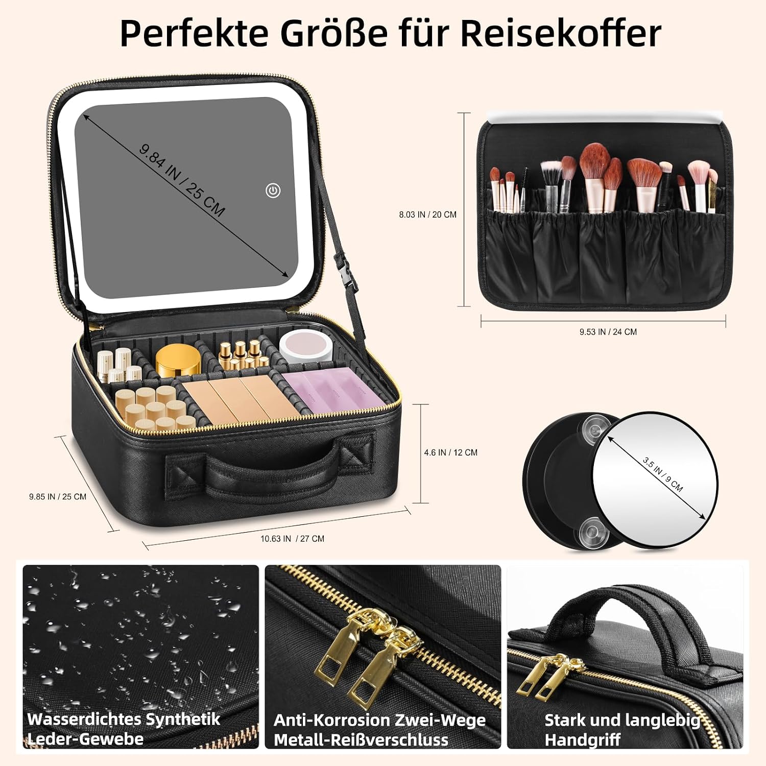 Detalle 2 de Suupvaor Reisekosmetiktasche mit beleuchtetem Spiegel und 3 Farbmodi (dimmbares Licht)