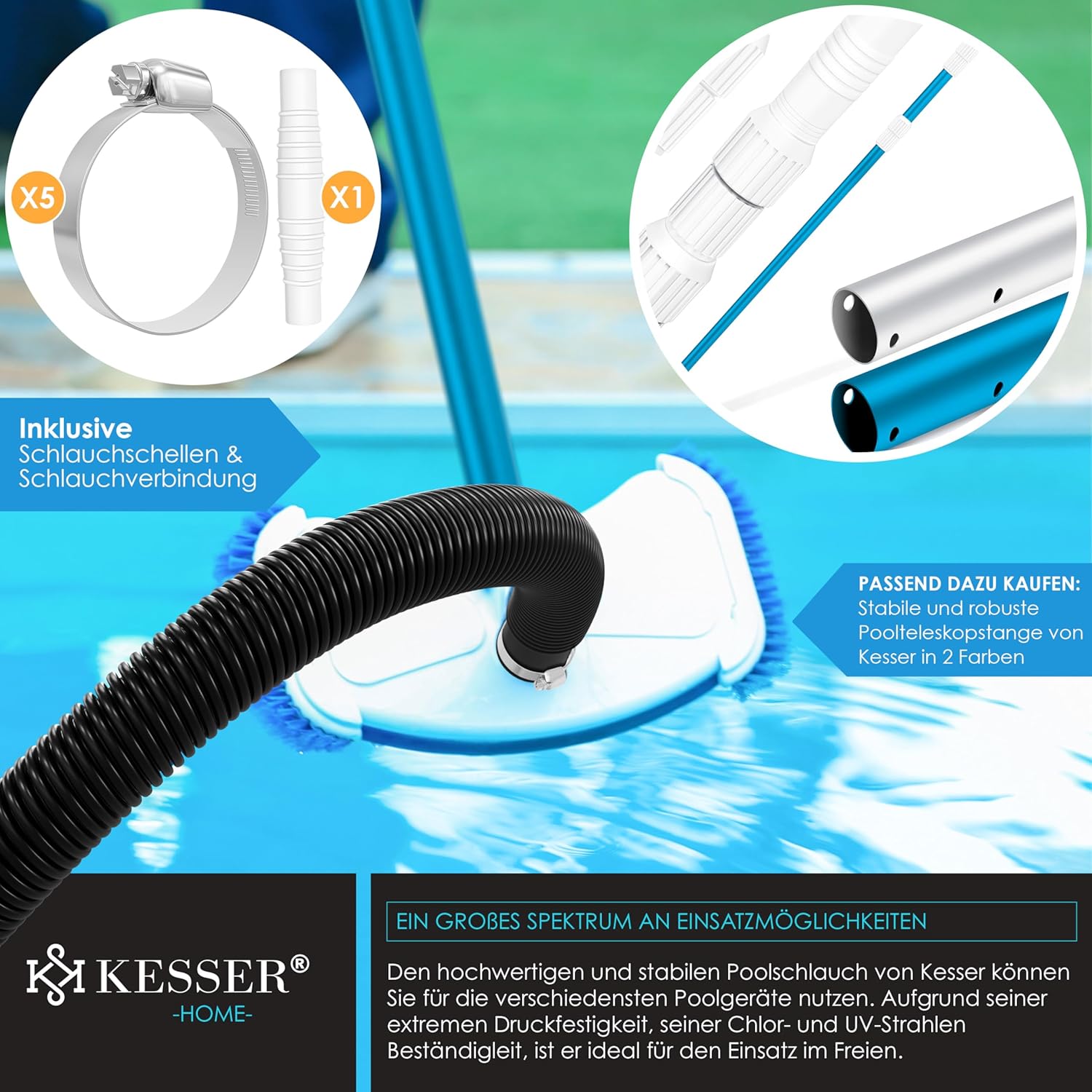Thumbnail 2 de KESSER® Poolschlauch 12 m, Ø 32 mm – flexibler Schwimmbad-, Saug- und Pumpenschlauch mit Muffen (inkl. Schlauchschellen)