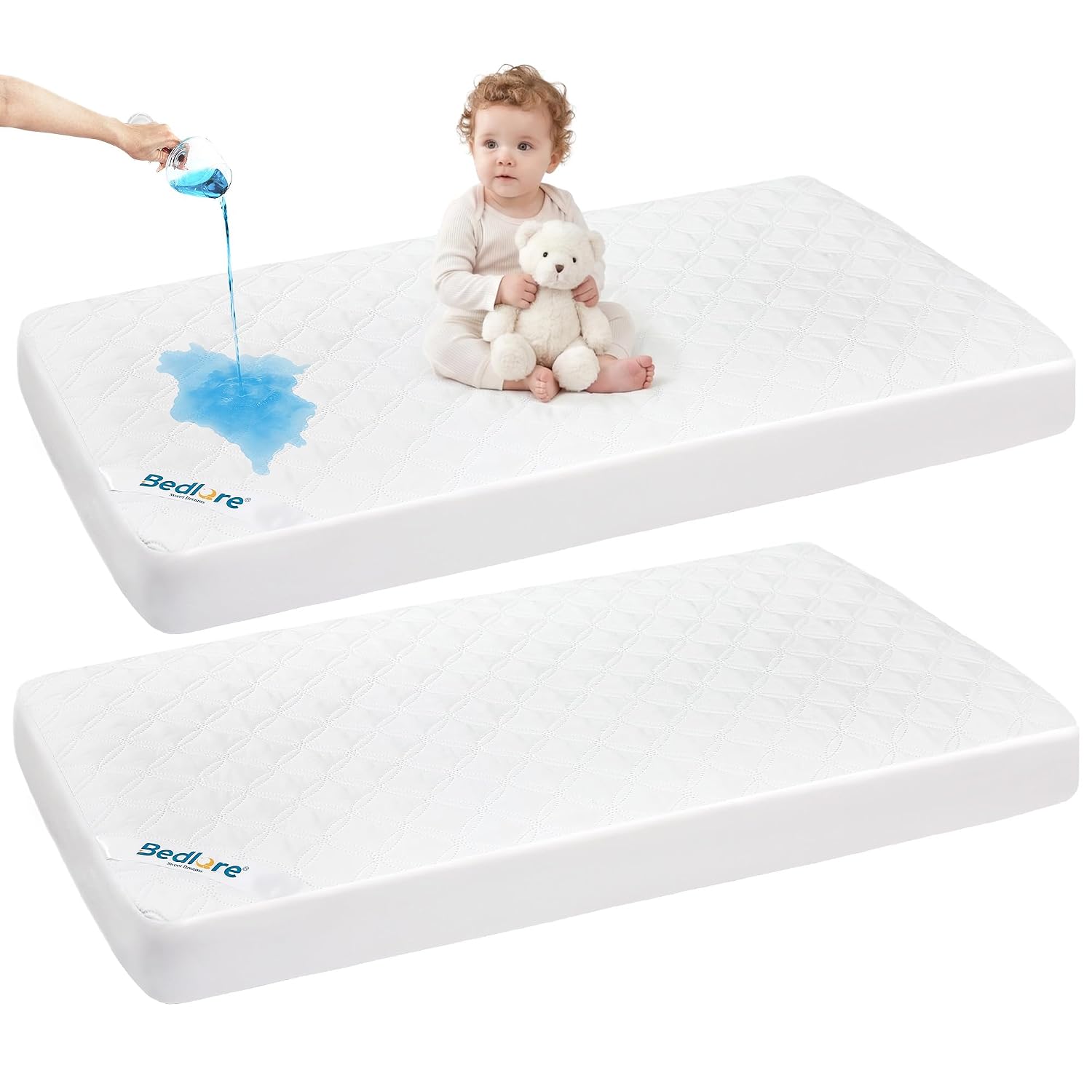 Detalle de BEDLORE Mini Crib Mattress Protector, Waterproof 2-Pack, White, 38" x 24