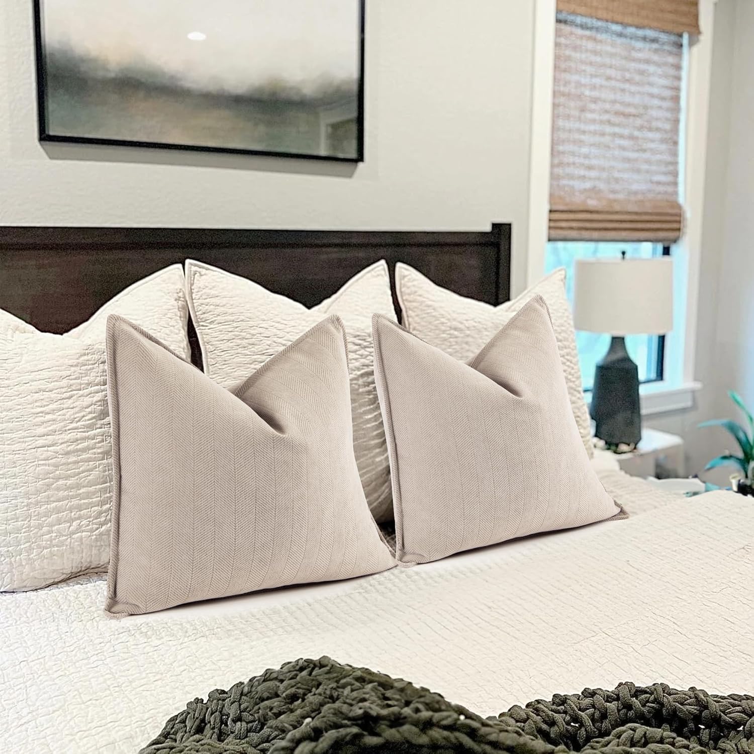 Thumbnail 4 de ZWJD Beige Chenille Pillow Covers 24x24 (Set of 2) – Luxurious 60x60 cm Decorative Covers