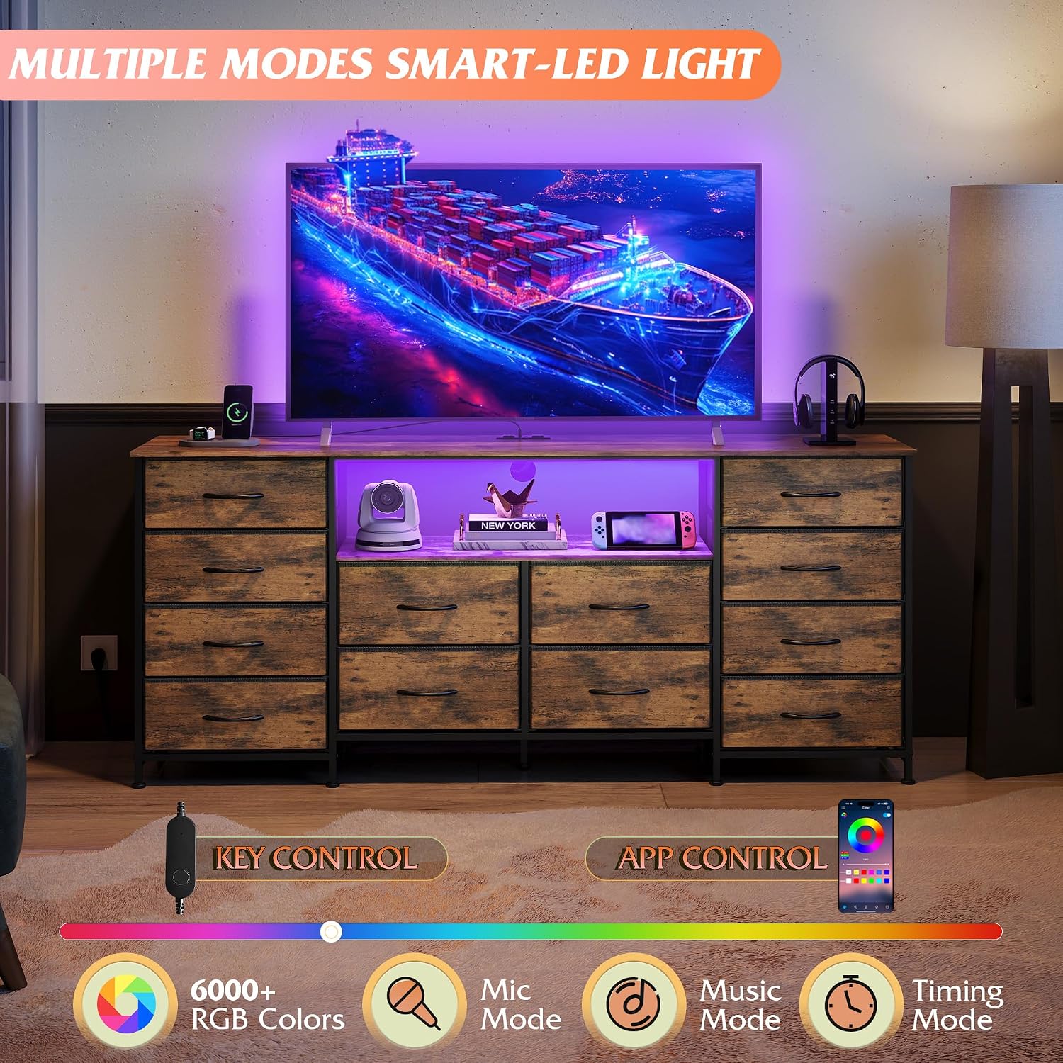 Thumbnail 4 de WLIVE 12-Drawer Dresser with LED Lights and TV Stand for 65–75 Inch Televisions