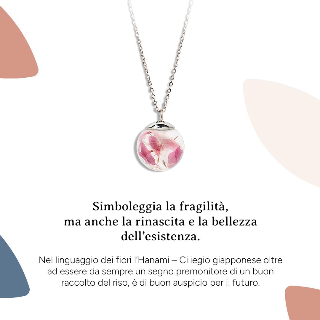 Detalle de Gioielli Botanici Collana Hanami: ampolla in vetro con Fiori Naturali di Ciliegio Giapponese in acciaio inox