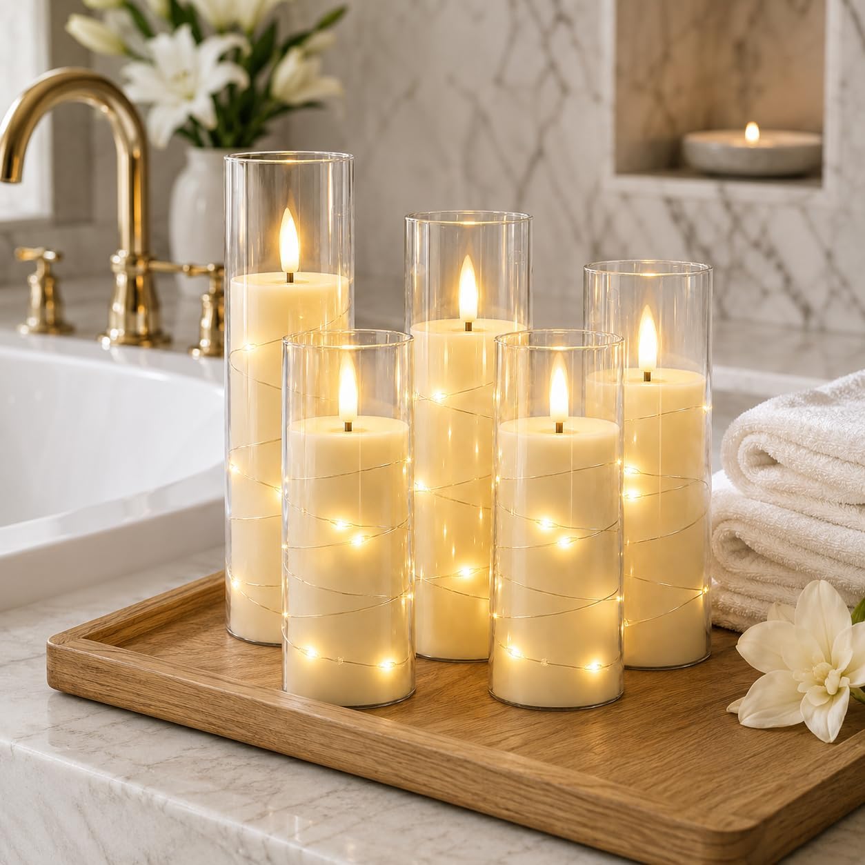 Detalle de Da by 5 Candele LED Avorio con Luci Fatate – 5 pezzi con telecomando, vetro trasparente e fiamma tremolante