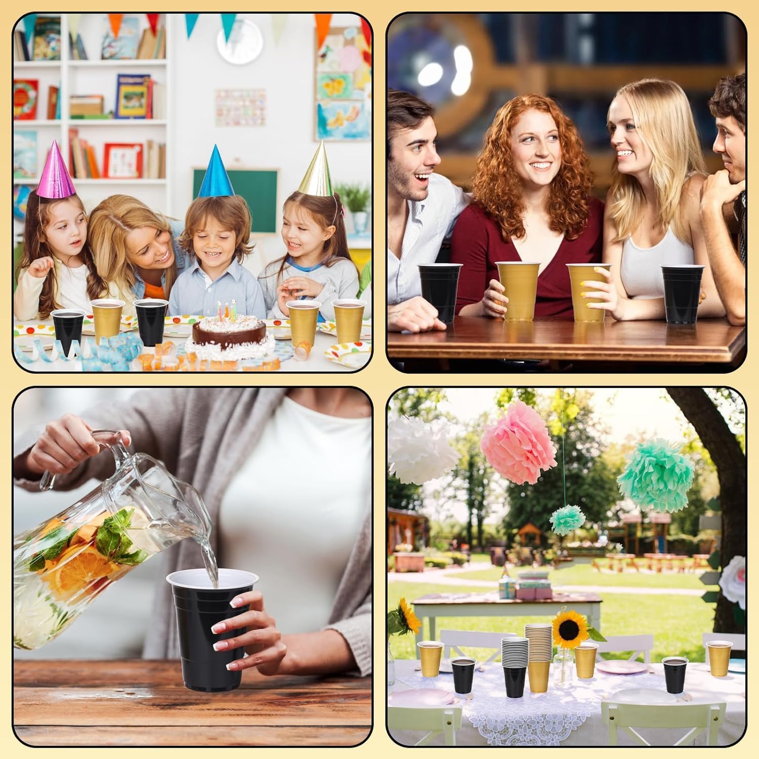 Detalle 2 de KesaPlan 16 oz Disposable Plastic Party Cups, Black and Gold, 100-Pack