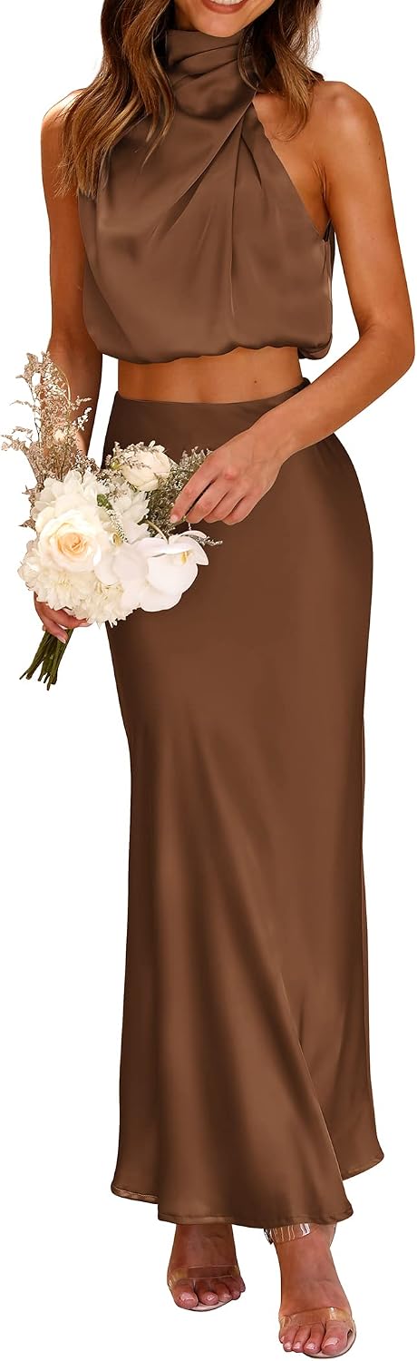 Detalle de PRETTYGARDEN Women's Satin 2-Piece Outfit: Mock Neck Crop Top & Long Skirt Set