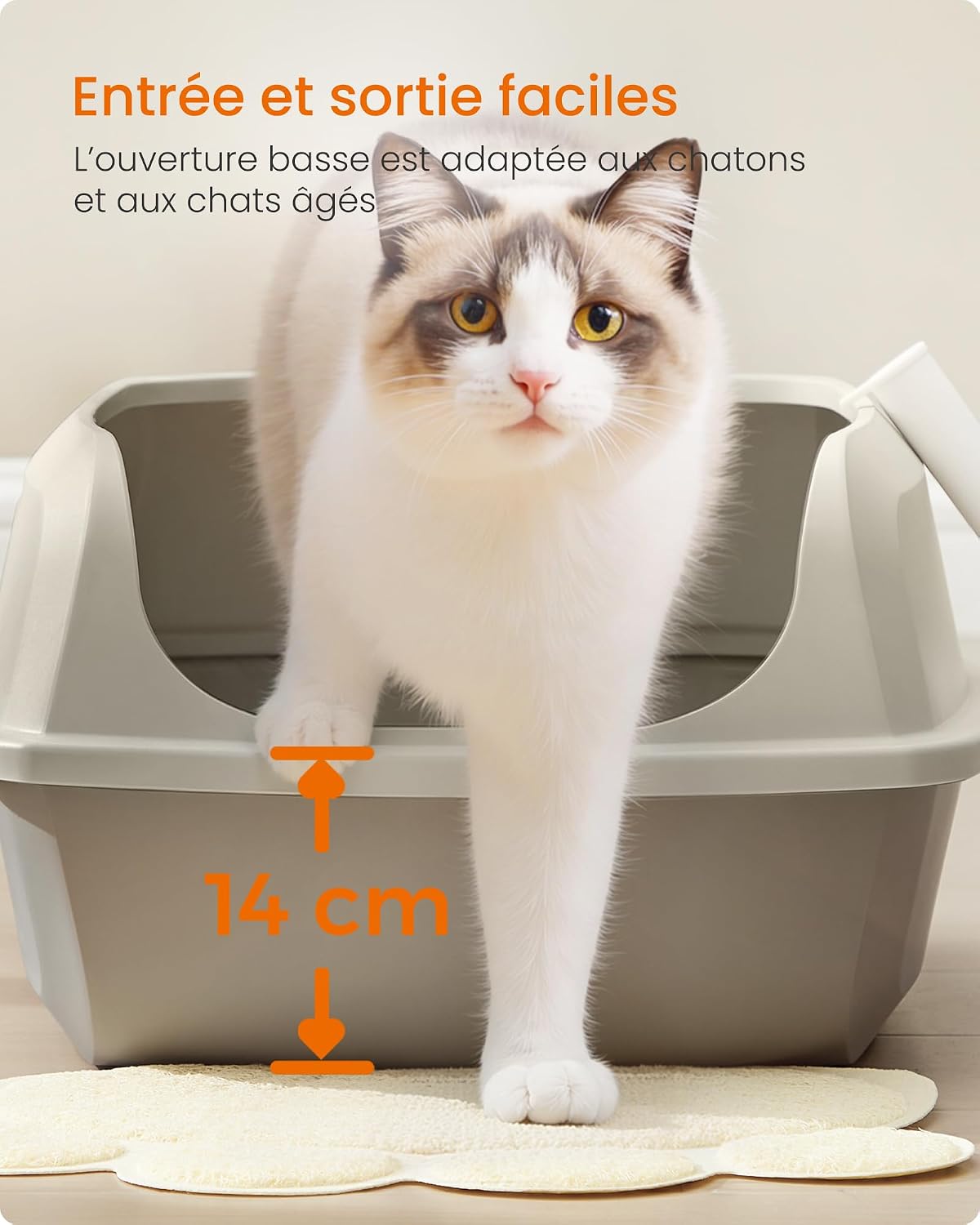 Detalle de Feandrea bac à litière XXL pour chat à parois hautes, ouvert sur le dessus, avec pelle (beige cappuccino) PPT010LH01