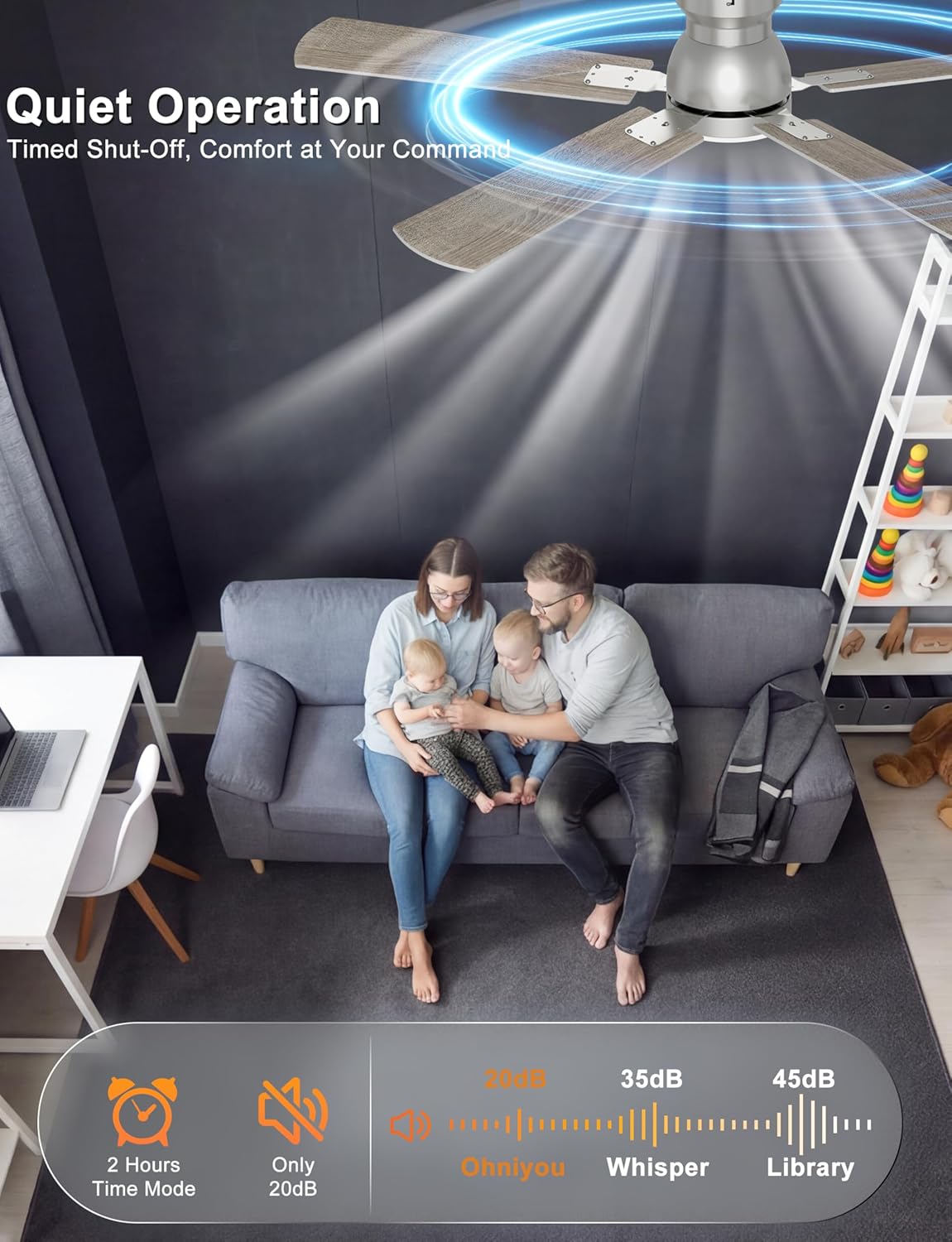 Detalle de Ohniyou 52-Inch Low Profile Ceiling Fan with Light and Remote/App Control