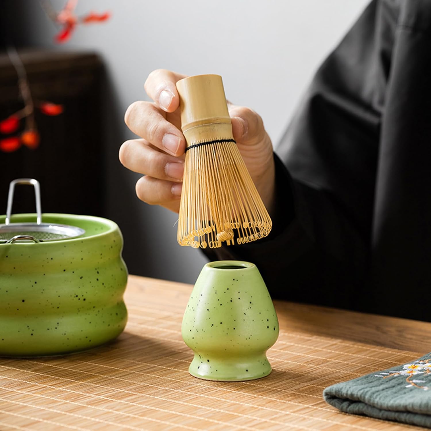 Detalle de Matcha Tee Set mit Besen, Schale und Halter – Zeremonie-Set 5-teilig (Grün)