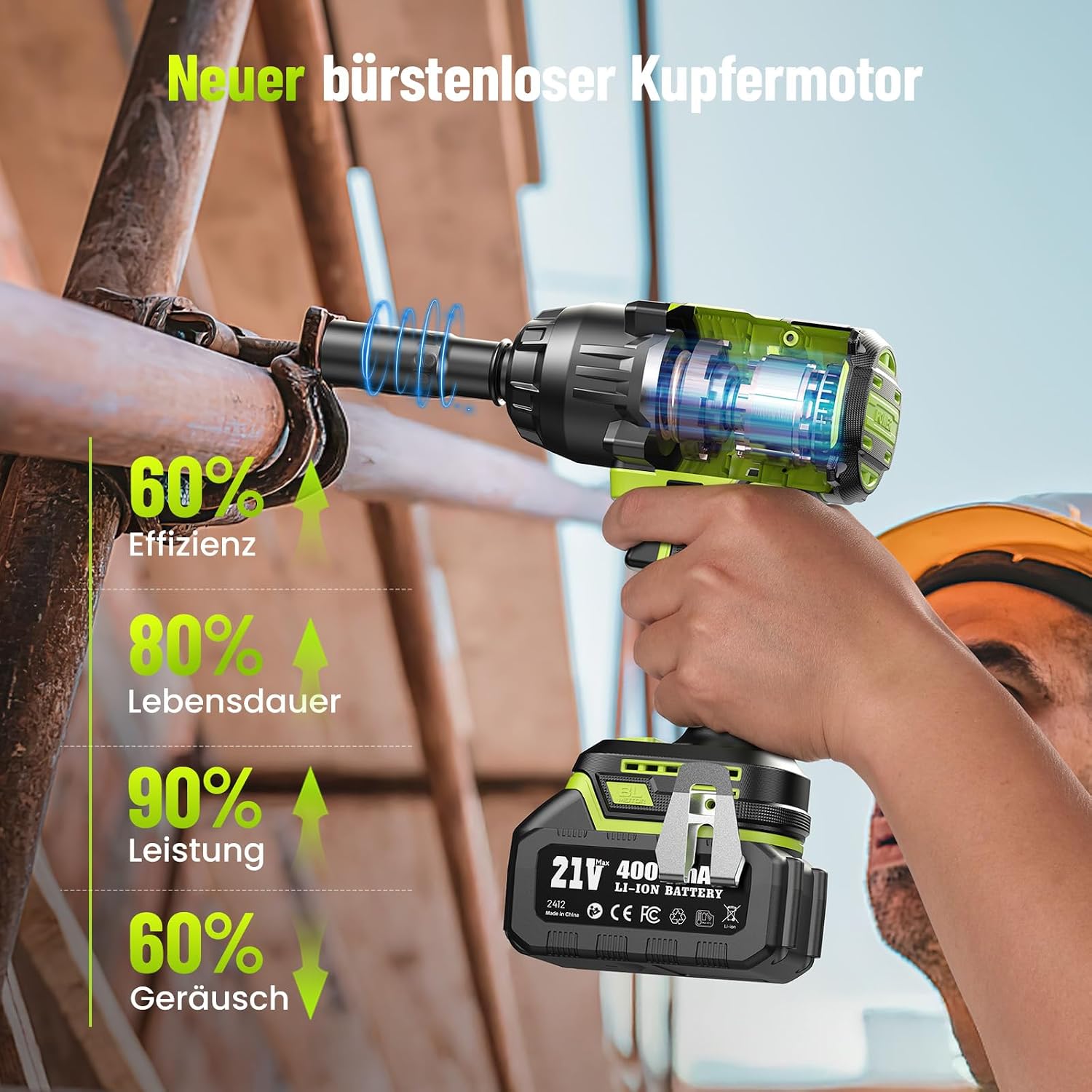 Detalle de Robustrue 1/2 Zoll Akku-Schlagschrauber mit bis zu 1600 N·m – 2×4,0 Ah, Schnellladegerät und Zubehör