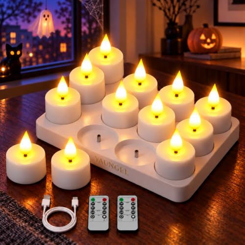 Detalle 2 de YAUNGEL 12er LED-Teelichter, wiederaufladbar mit Ladestation, Timer und Fernbedienung