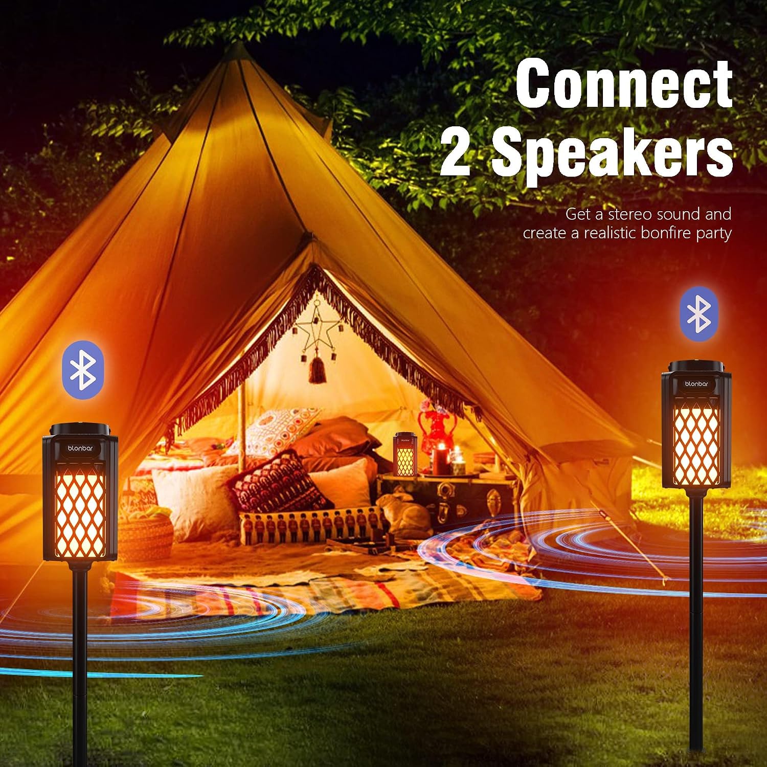 Detalle de blonbar Bluetooth-Lautsprecher mit Flammenlicht (IP65) – Outdoor-Lautsprecher & Taschenlampen-Optik für Terrasse und Garten