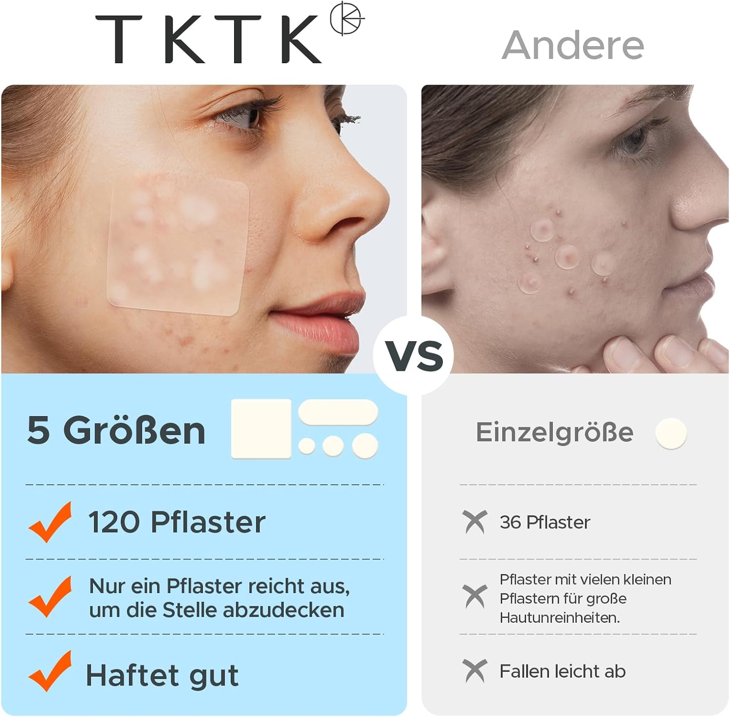 Detalle de TKTK Pickel Patch für Gesicht – XL Hydrokolloid-Pflaster für große Akne-Bereiche (120 Stück, 5 Größen)