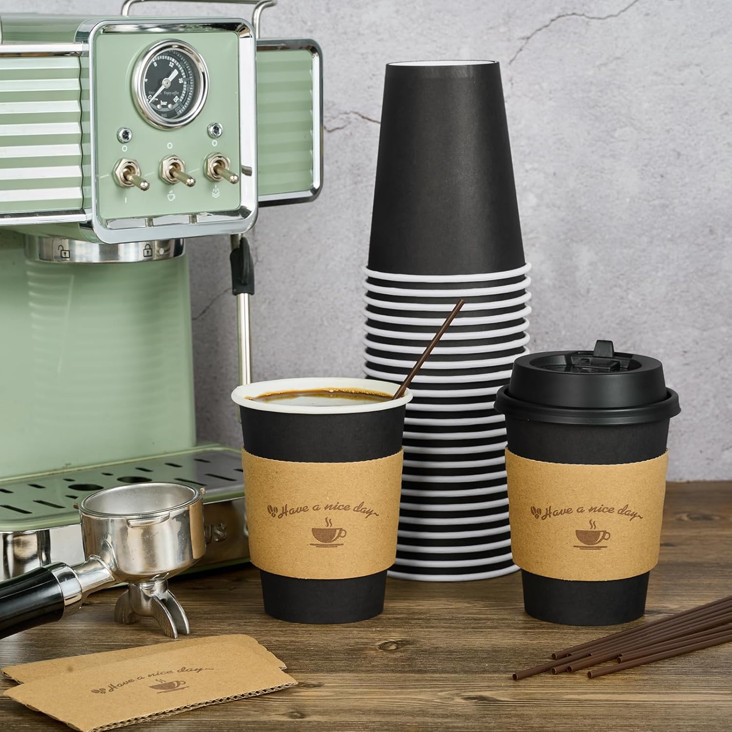 Thumbnail 3 de LITOPAK 100 Pack 12 oz Paper Coffee Cups with Lids, Sleeves, and Stirrers (Black)