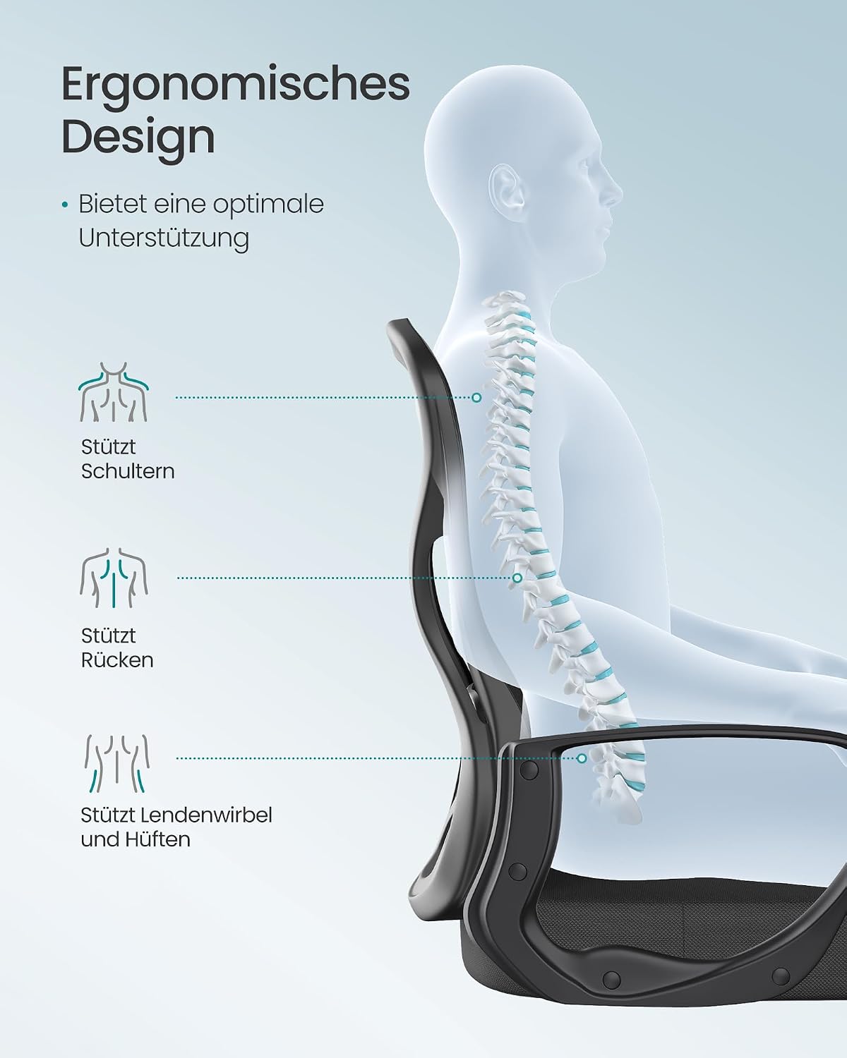 Detalle de SONGMICS Bürostuhl ergonomisch OBN043BH02 mit Netzgewebe, Lendenstütze und Wippfunktion