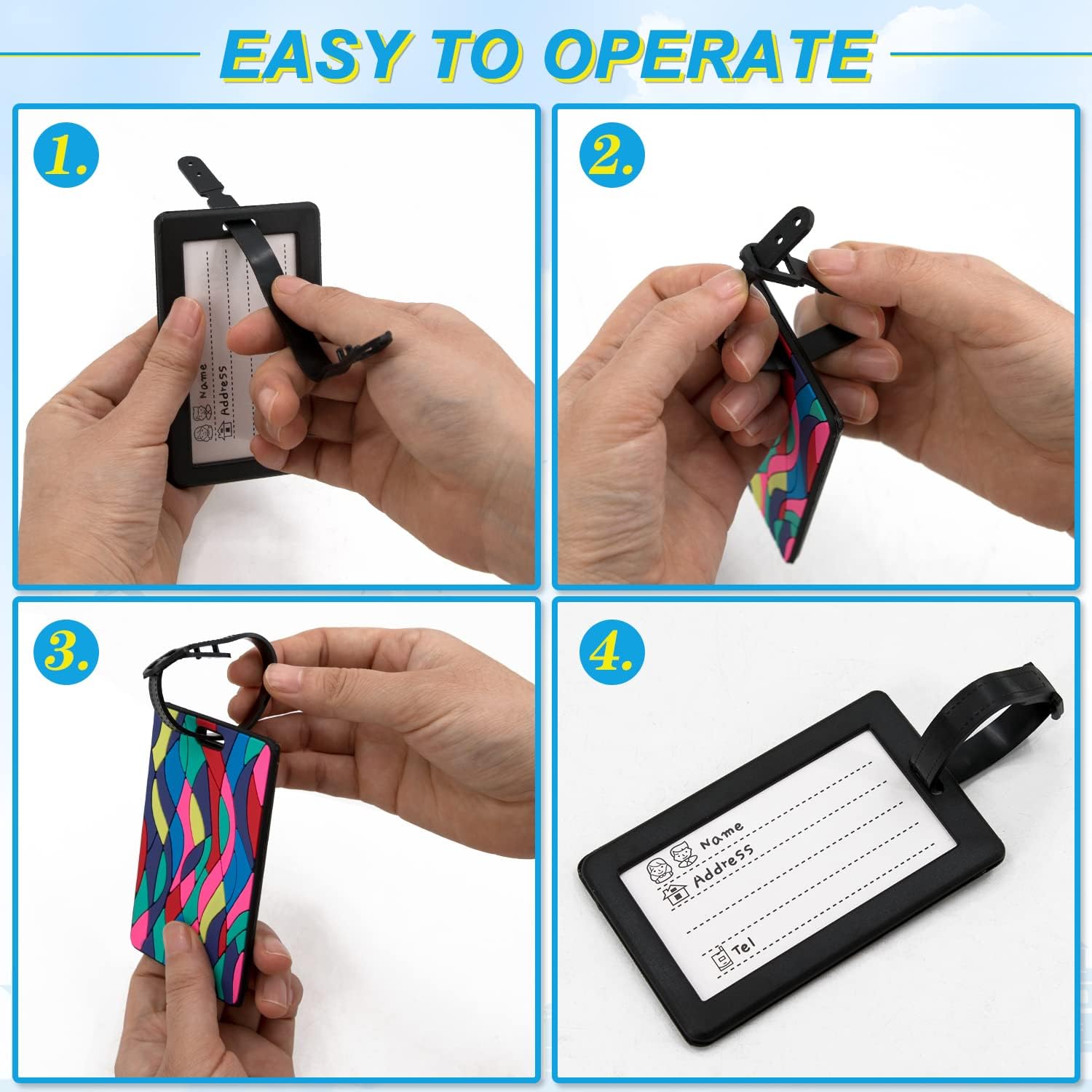 Detalle de 6Pcs Luggage Tag Set with Colourful Geometric Pattern – Silicone Travel Labels for Suitcases and Bags