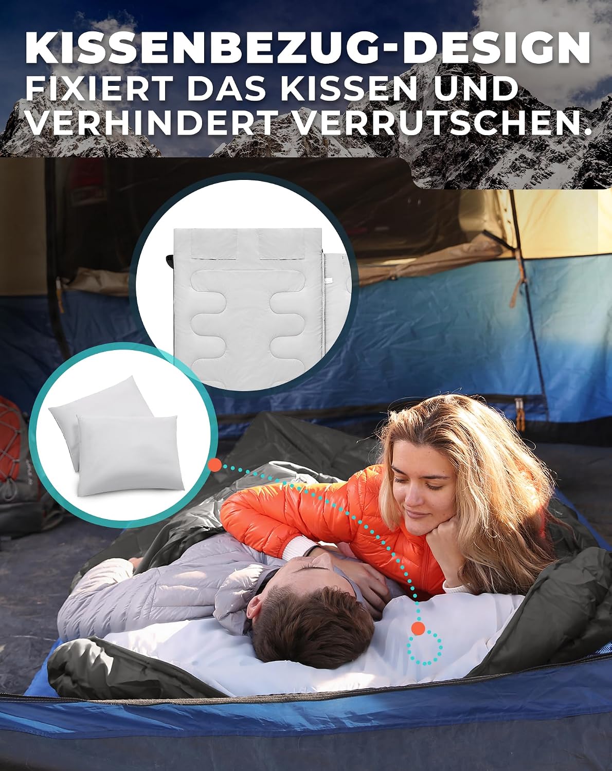 Thumbnail 6 de KingCamp Deckenschlafsack Doppelschlafsack 220 × 150 cm mit 2 Kissen – ideal für Familiencamping