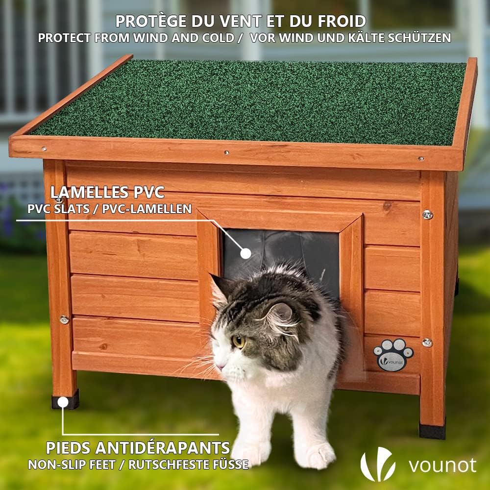 Detalle de VOUNOT Katzenhaus aus Holz mit Aspalthdach – Outdoor Katzenhütte 57 x 45 x 43 cm