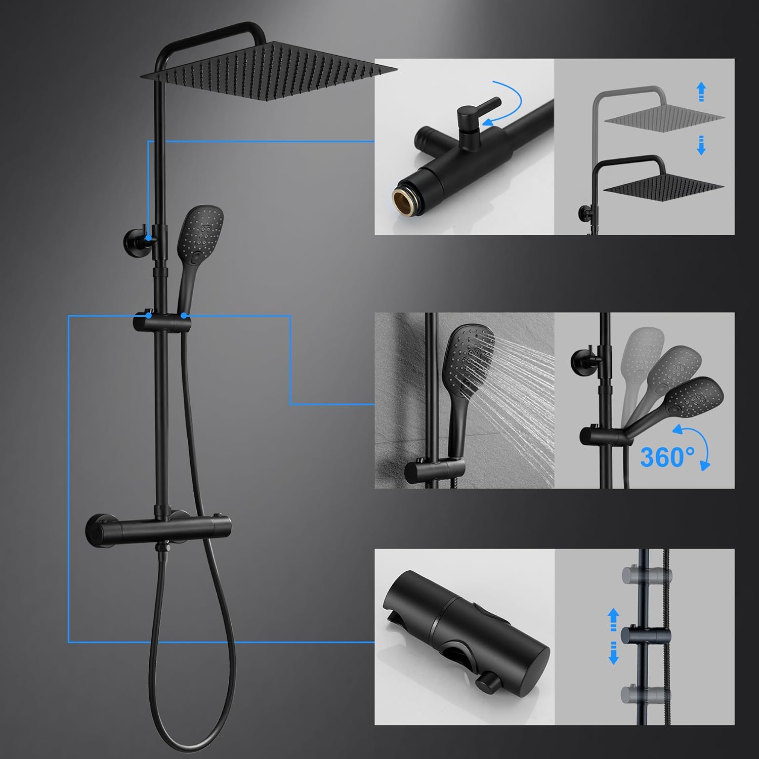 Detalle de JOHO Colonna Doccia Acciaio Inox con Fori a Muro, Set Doccia a Pioggia e Doccetta – 30x30 cm, Nero