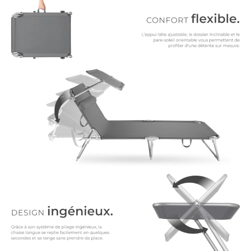 Detalle de tectake Lot de 2 chaises longues pliables 190x68x111 cm – réglables 4 positions, pare-soleil et appui-tête (gris)