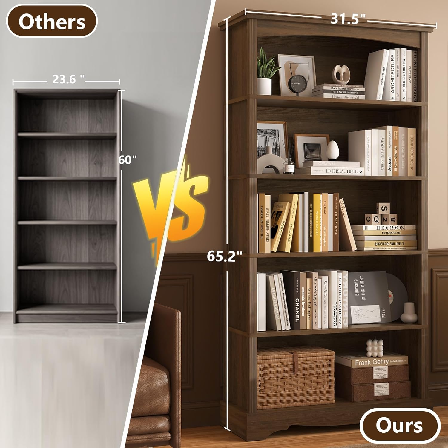 Thumbnail 5 de TVU 5-Tier Wooden Bookshelf (Brown) – Tall, Sturdy Floor-Standing Display with 5 Shelves