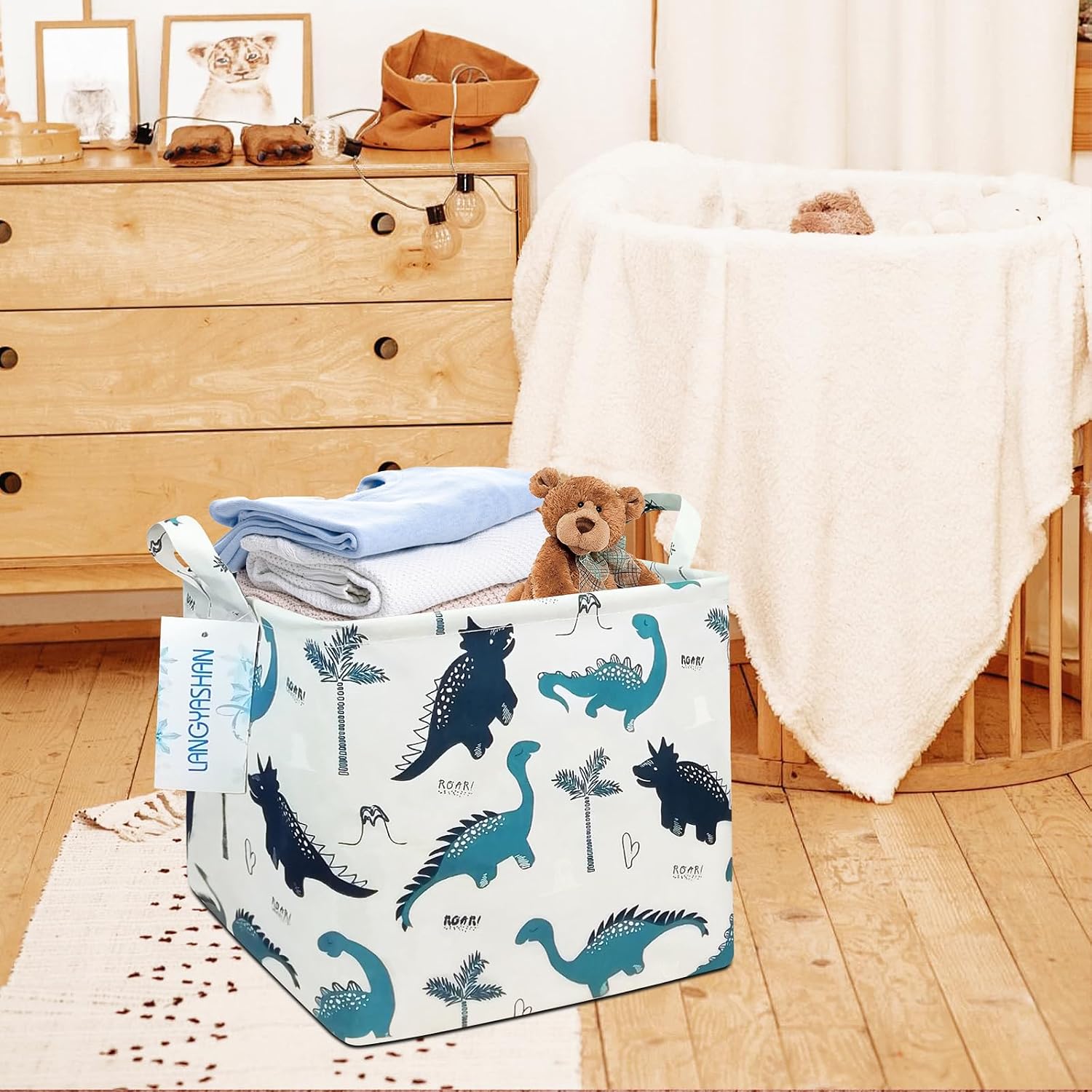Thumbnail 6 de LANGYASHAN Square Dinosaur Canvas Storage Basket, Foldable with Handles
