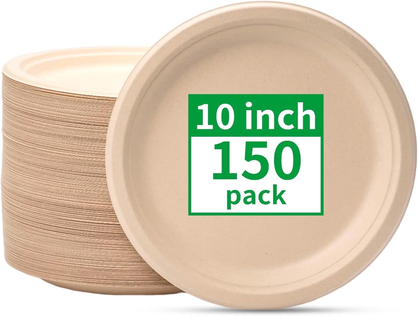 RACETOP 10-Inch Compostable Paper Plates (150 Pack) — Heavy-Duty, Sugarcane Fiber, Unbleached Brown