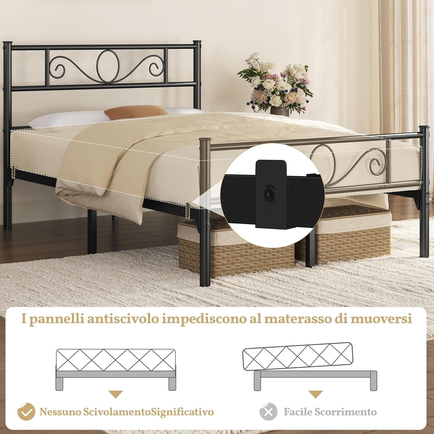 Thumbnail 4 de Yaheetech Struttura Letto Matrimoniale in Ferro Battuto 120 × 190 cm con Testiera e Pediera Nero