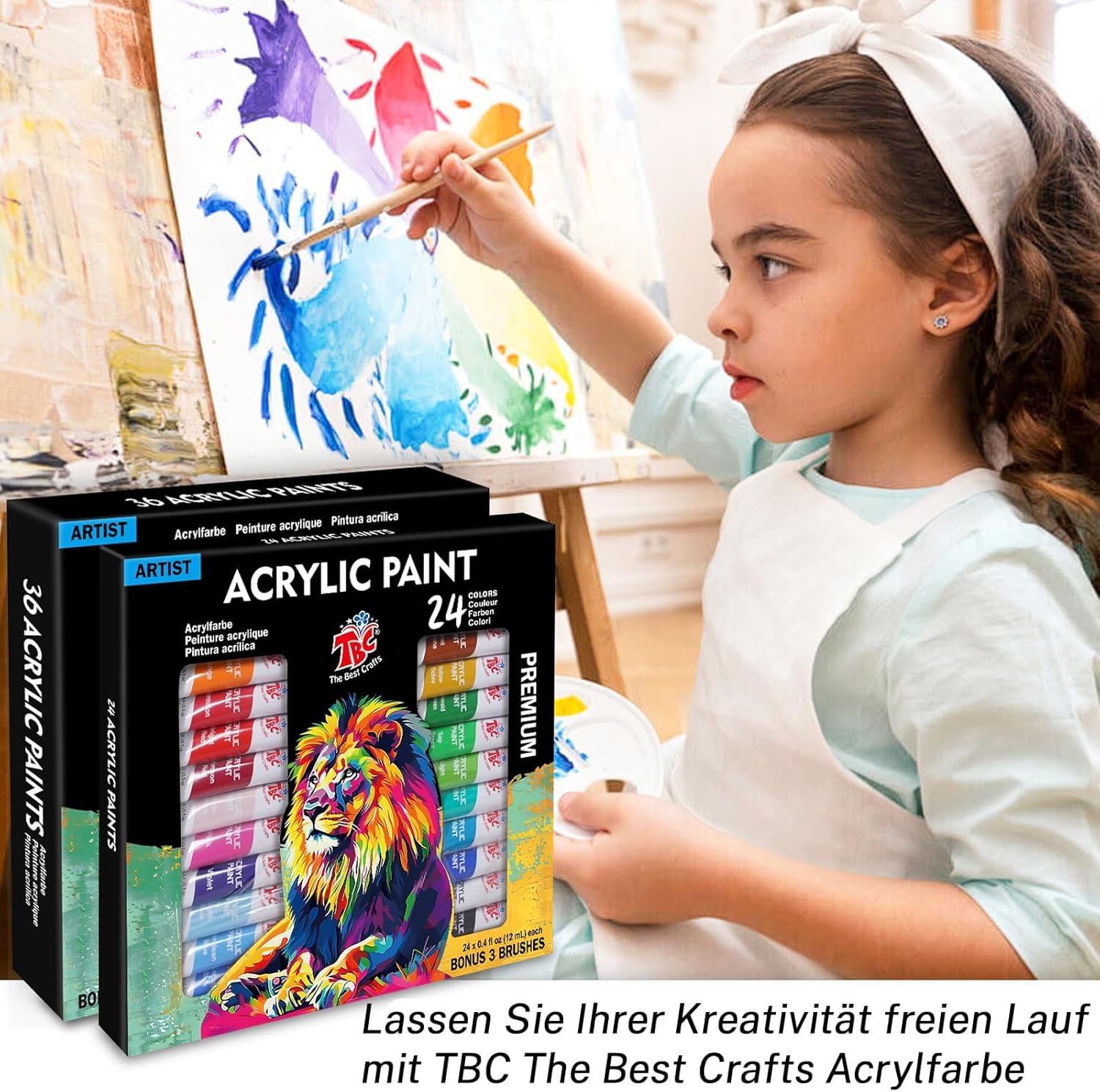 Detalle de 24 couleurs – Peinture acrylique en 24 tubes de 12 ml avec 3 pinceaux, idéal pour artistes et enfants