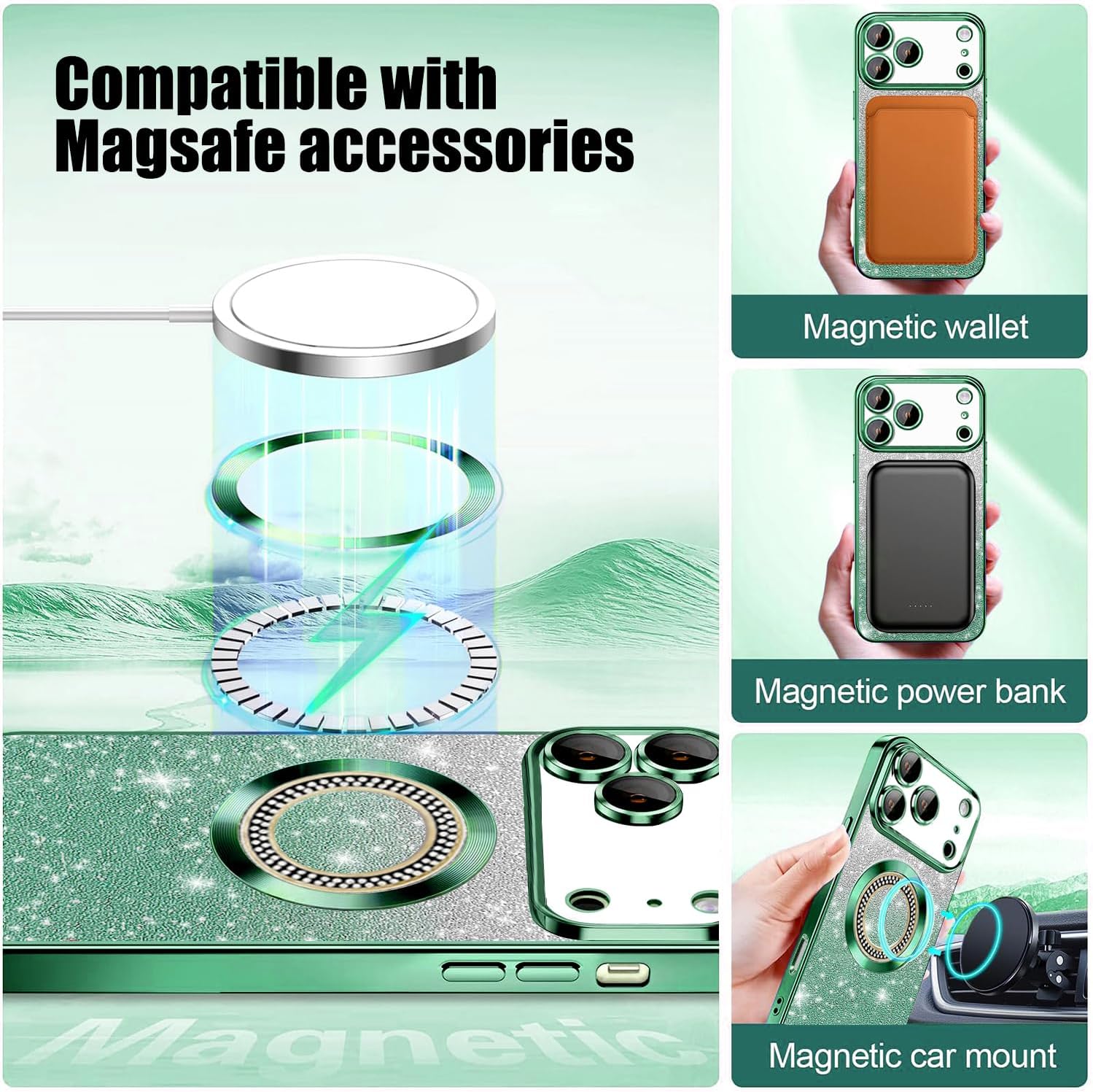 Detalle de Misscase for iPhone 17 Pro Max Magnetic Glitter Case with Camera Lens Protector – Green