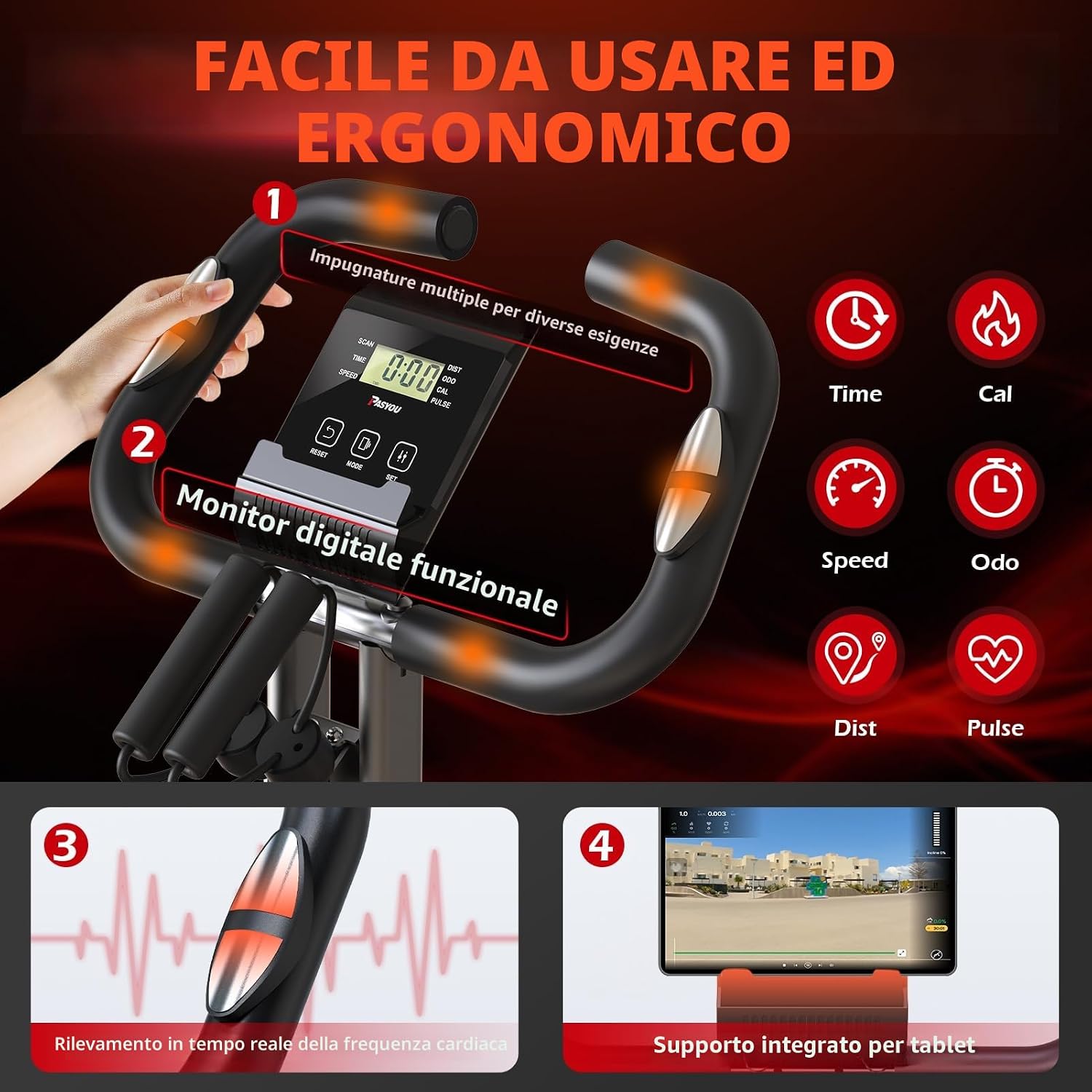 Detalle de PASYOU Cyclette Pieghevole 3 in 1: Cyclette domestica con resistenza magnetica, monitor LCD e sedile regolabile