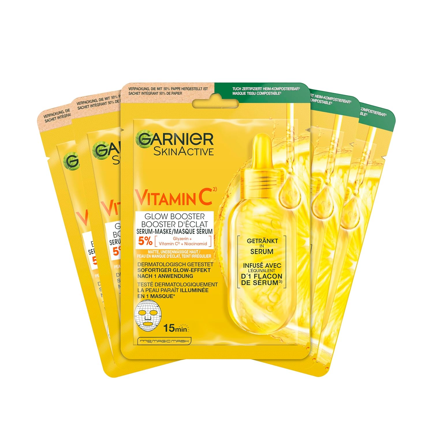 Detalle de Garnier SkinActive Feuchtigkeitsspendende Tuchmaske – Hyaluronsäure & Vitamin C, 5er-Pack