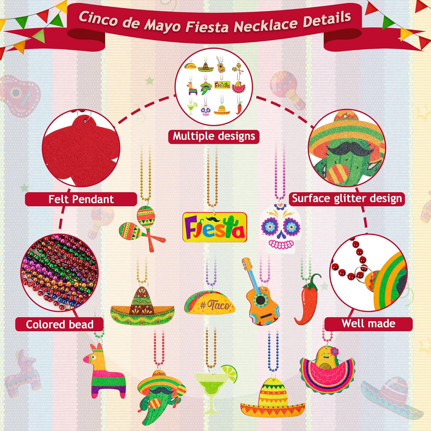 Thumbnail 2 de EOBOH Cinco de Mayo Party Favors (12 pcs) Metallic Bead Necklace Set with 12 Designs