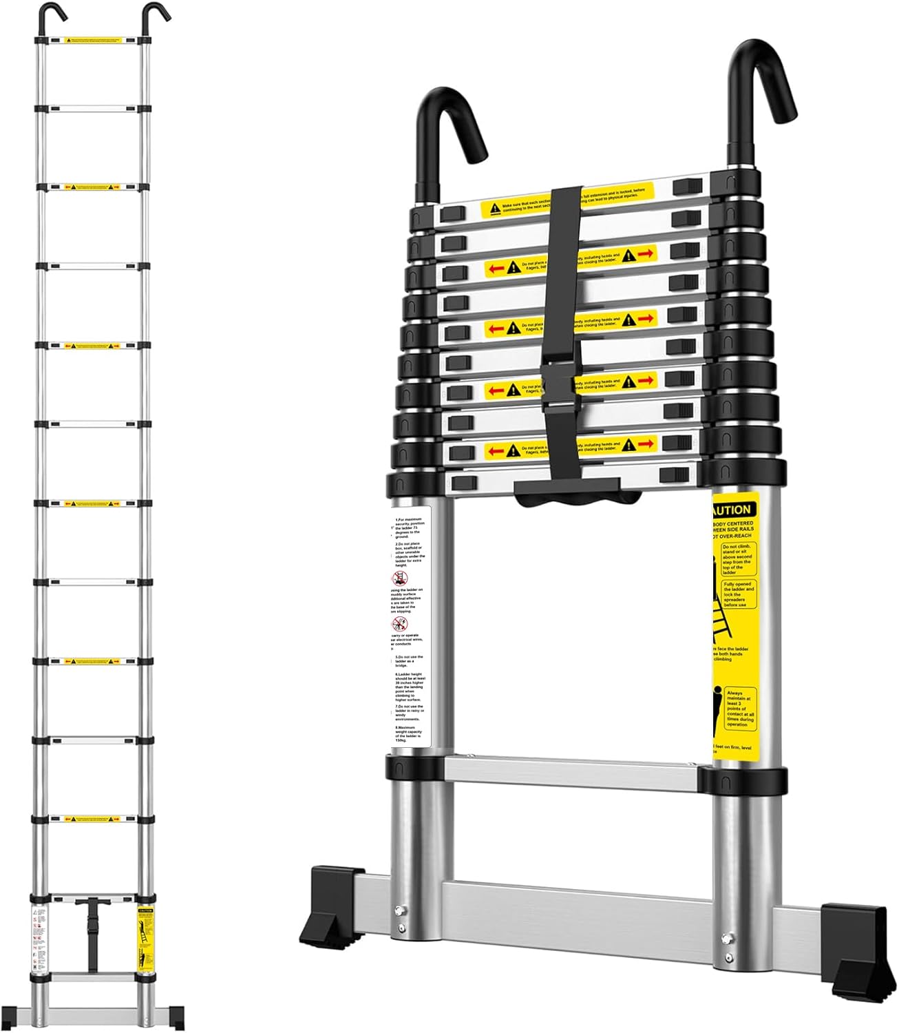 EASelect Telescopic Ladder 3.8m Aluminium Extension Loft Ladder (EN131) with Stabiliser Bar