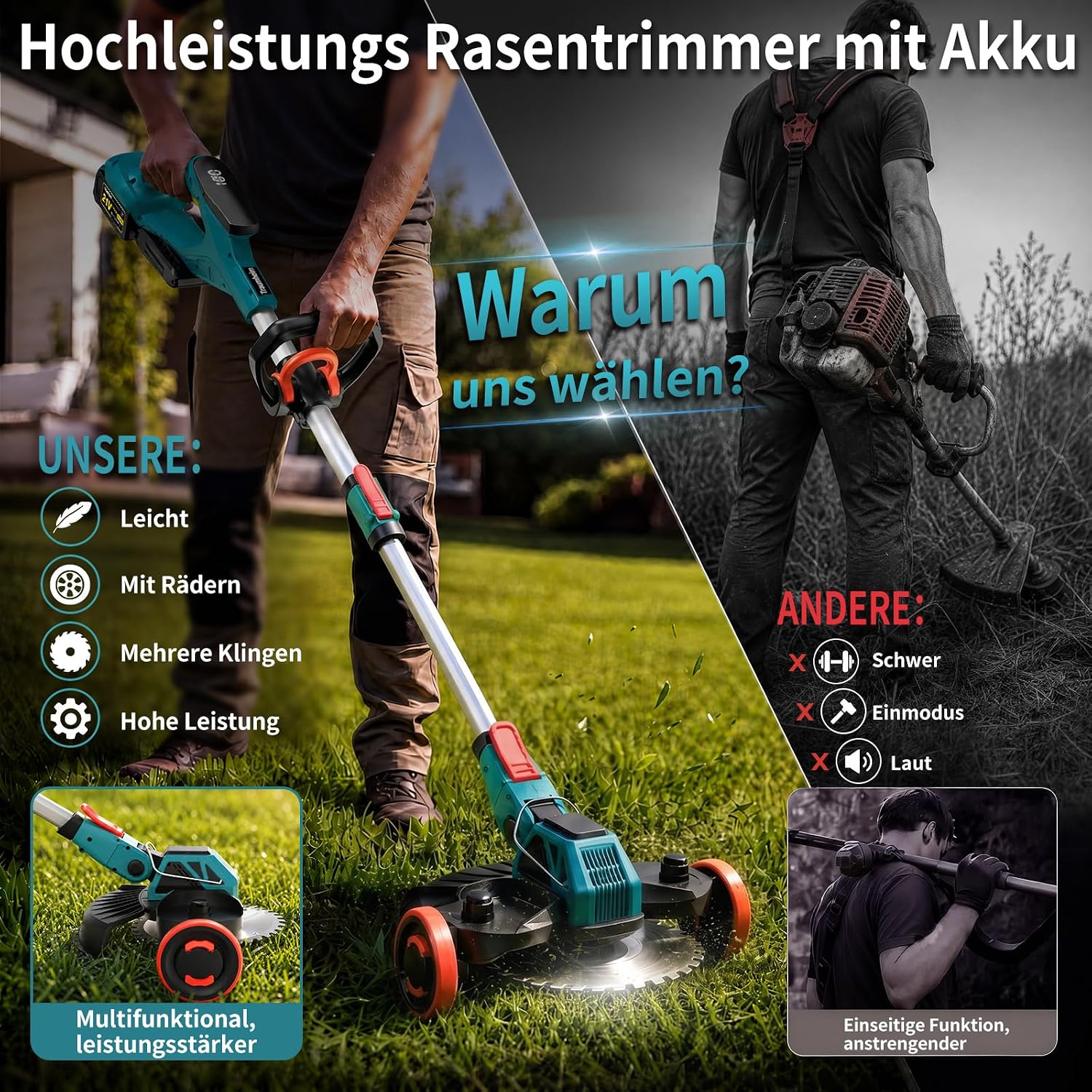 Detalle de Rasentrimmer mit Akku 21V – Makita-Kompatibel, 5-in-1 inklusive Unkrautbürste, 2 × 4,0Ah, 900W bürstenloser Motor