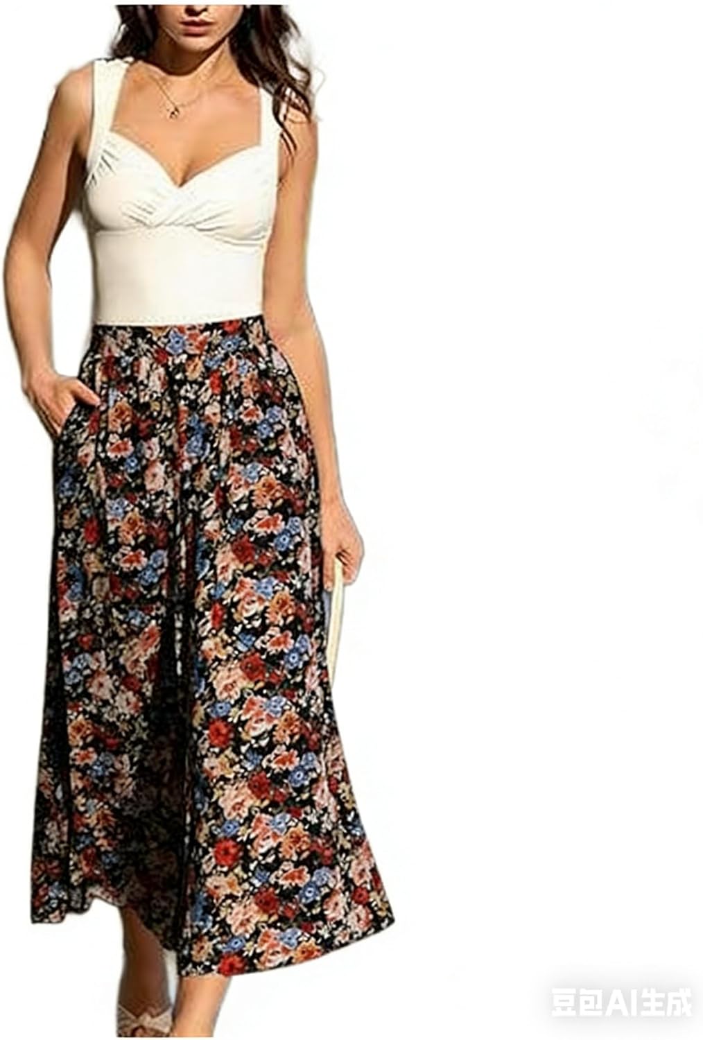 Detalle de Belle Poque Jupe Maxi Plissée Trapèze – Floral, légère et fluide