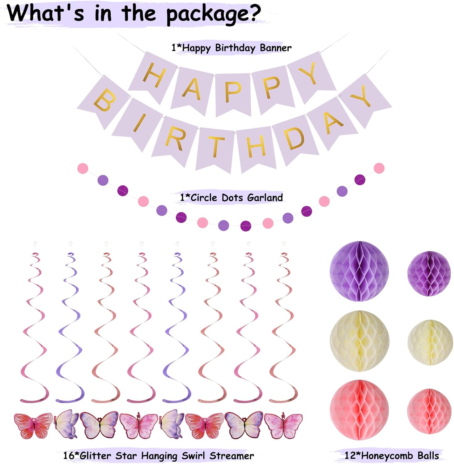 Thumbnail 1 de Lsoar Lila Geburtstagsdekorationen: Happy Birthday Banner mit Schmetterlingen, Honeycomb-Bällen & Luftschlangen