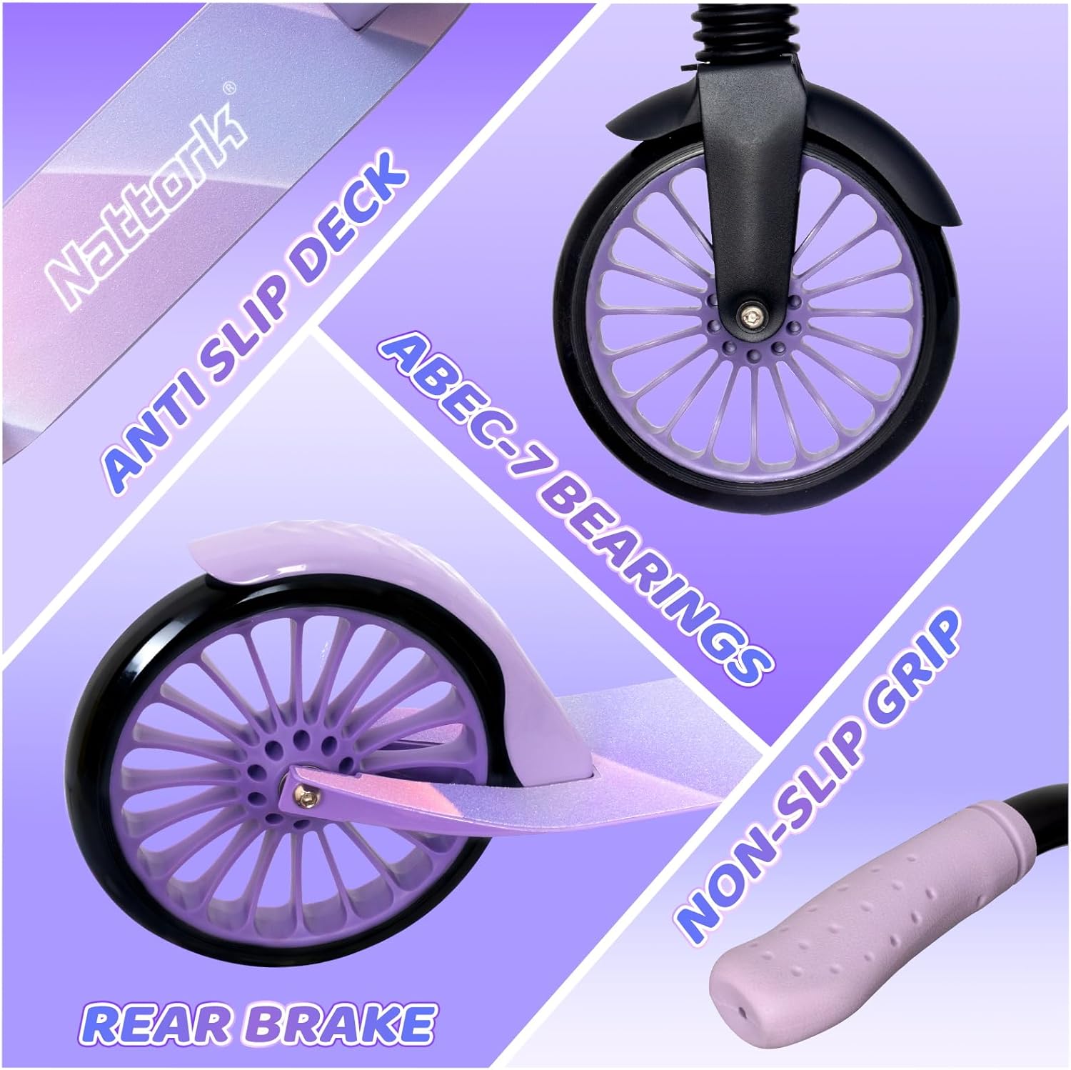 Thumbnail 2 de Nattork Kick Scooter (Age 6+) with Adjustable Handlebar, 8" Wheels, Anti-Shock Suspension — 240 lbs Max Load